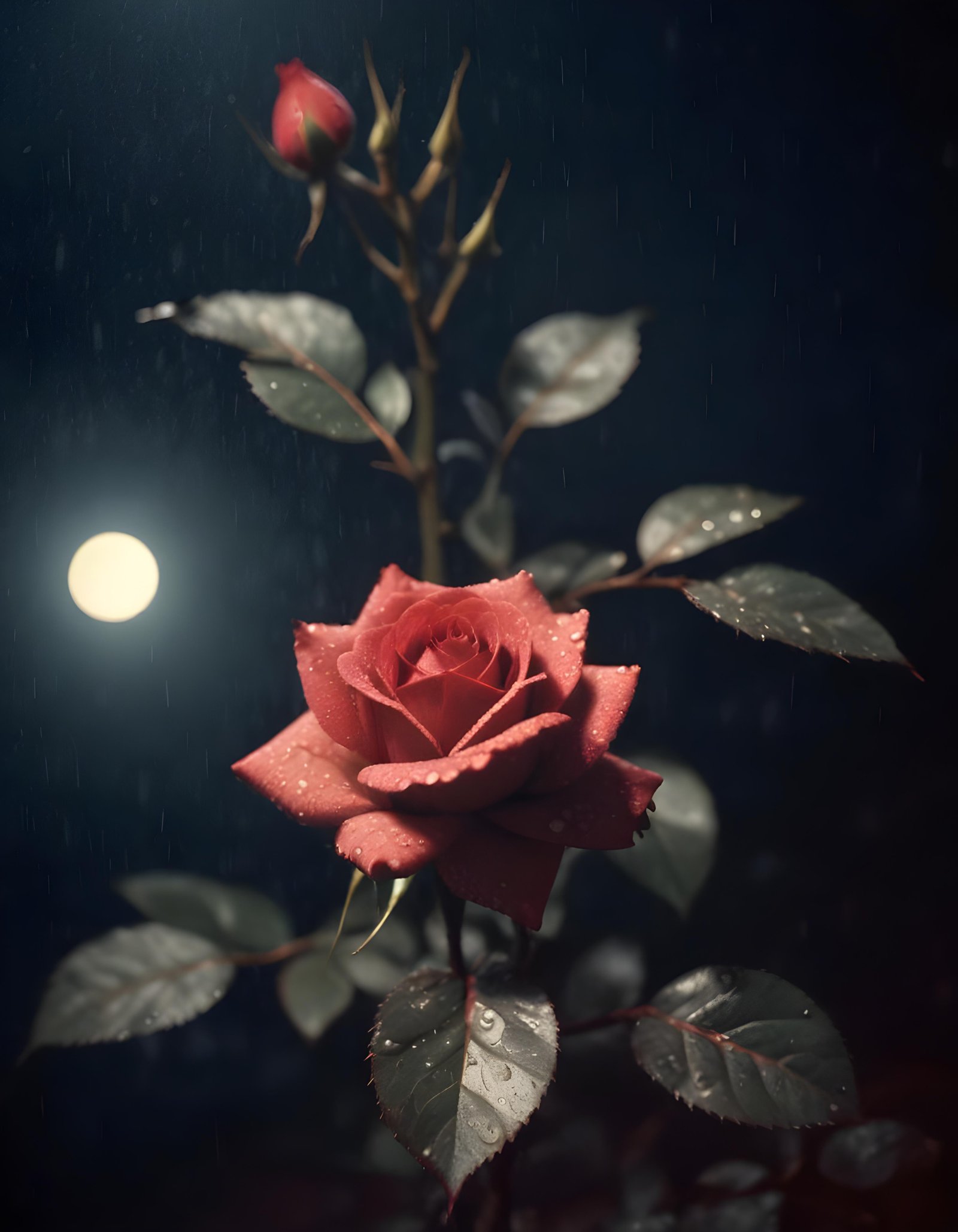 Romantic Rose Flower Under Moonlight with Dreamy Night Garden Background
