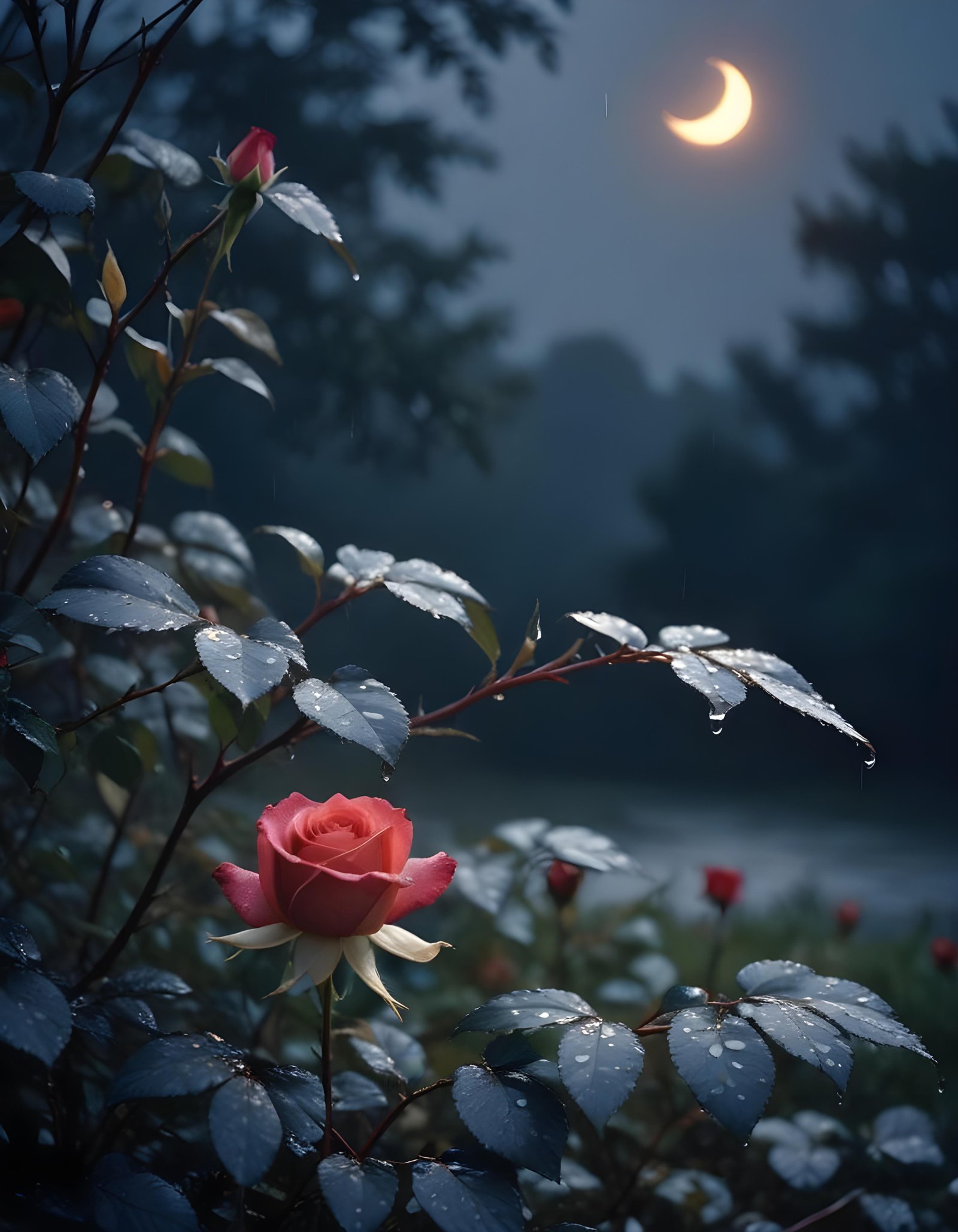 Romantic Rose Flower Under Moonlight with Dreamy Night Garden Background