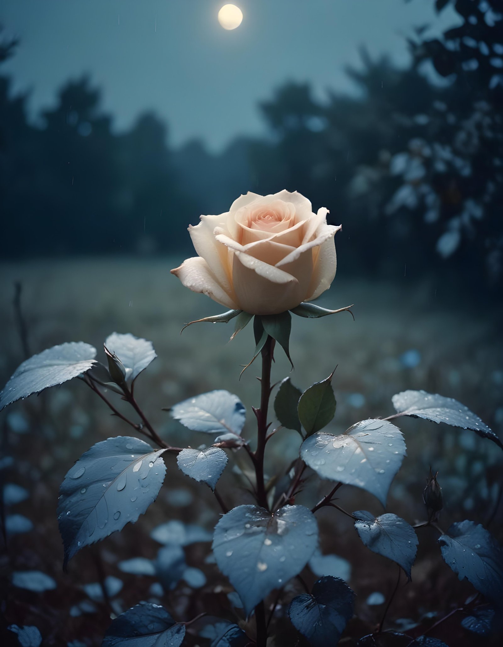 Romantic Rose Flower Under Moonlight with Dreamy Night Garden Background