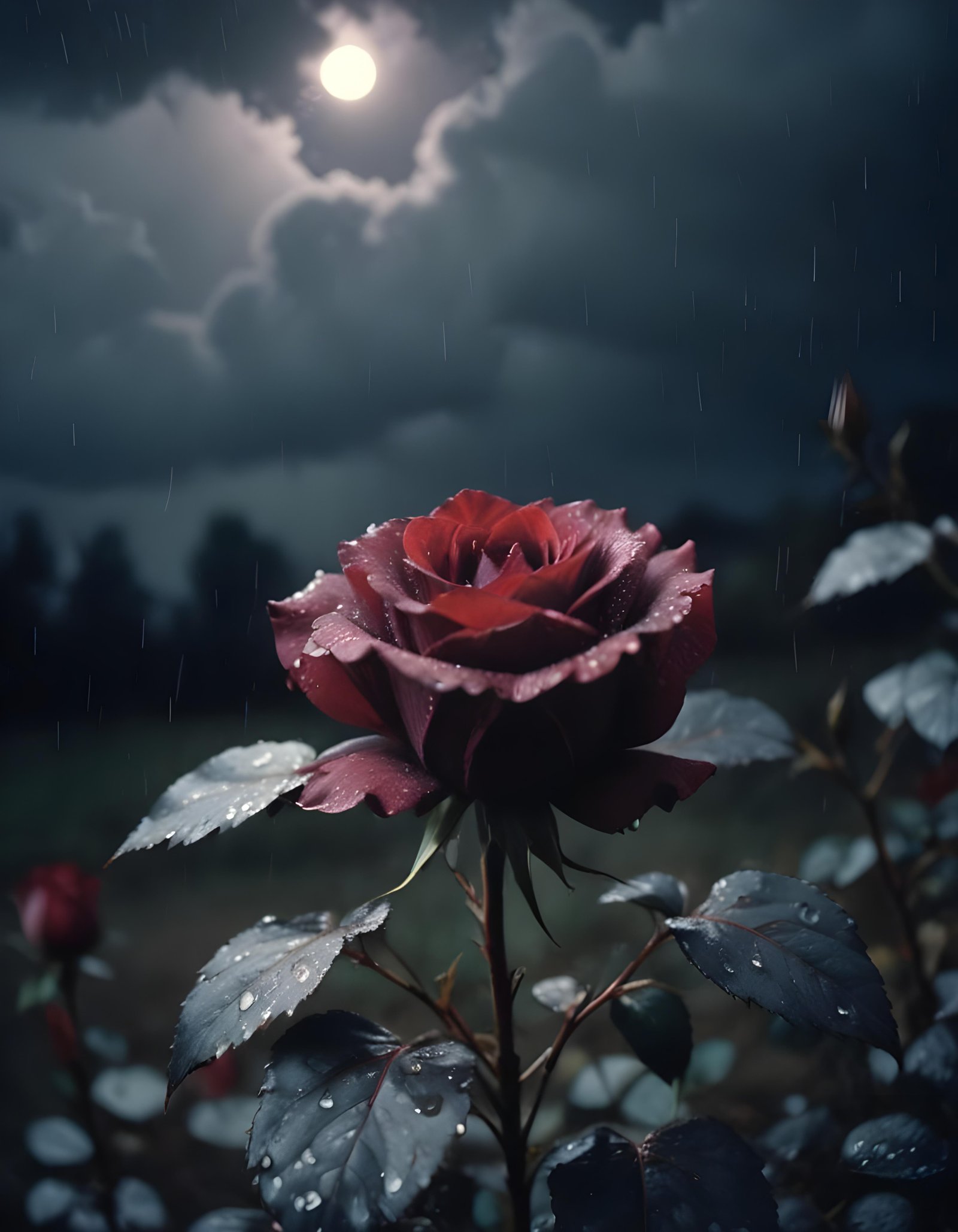 Romantic Rose Flower Under Moonlight with Dreamy Night Garden Background