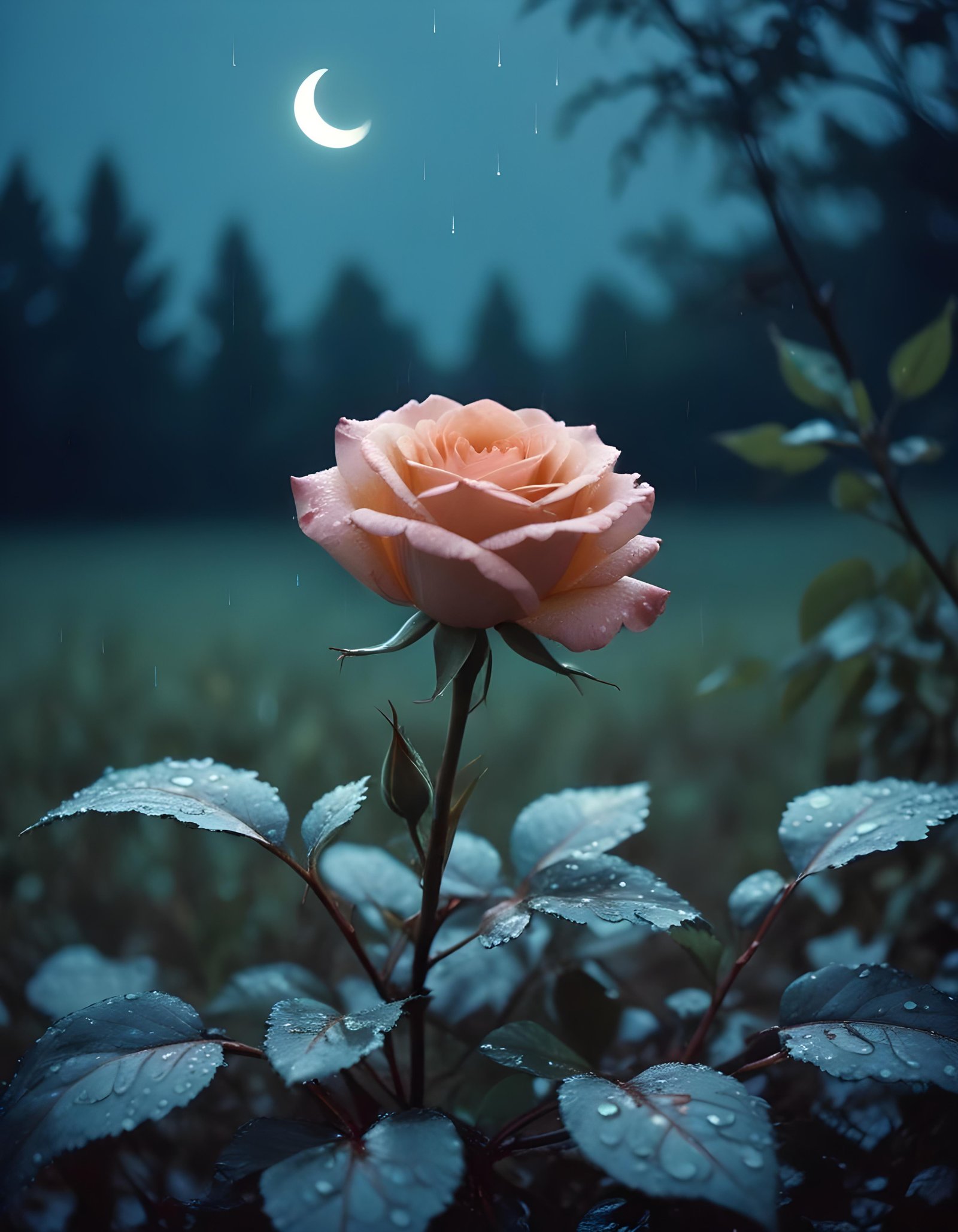 Romantic Rose Flower Under Moonlight with Dreamy Night Garden Background