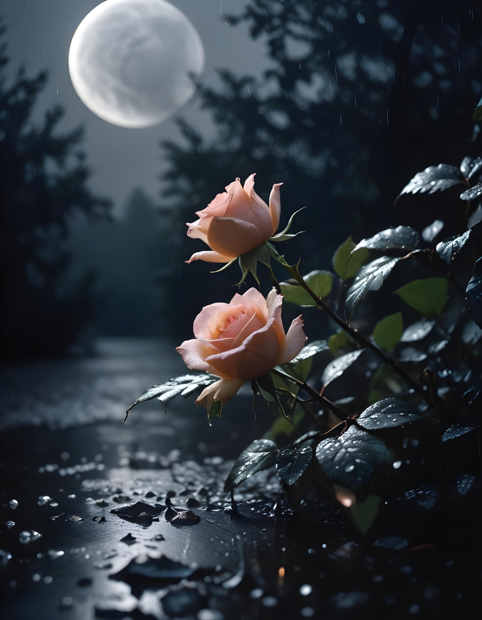 Romantic Rose Flower Under Moonlight with Dreamy Night Garden Background