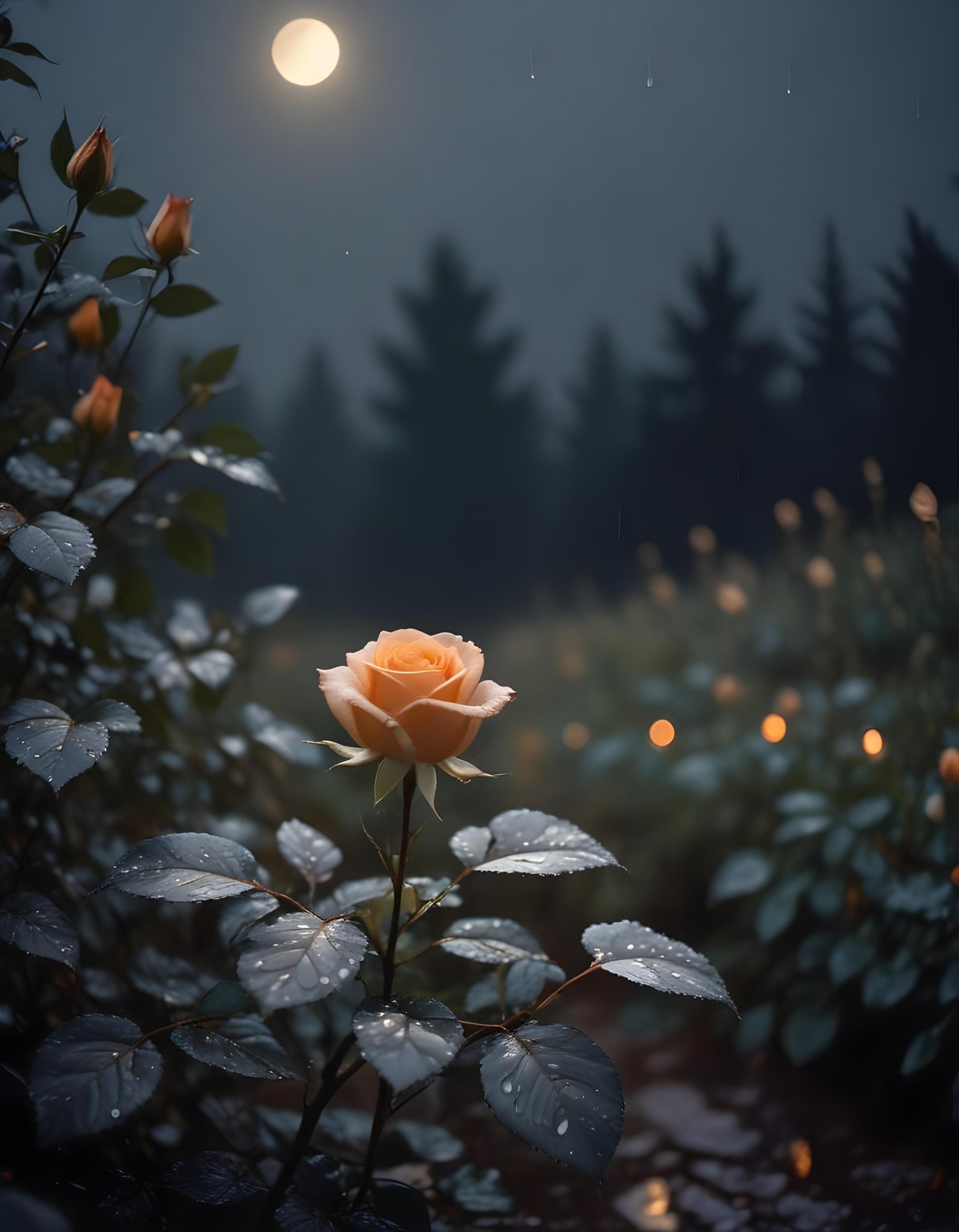 Romantic Rose Flower Under Moonlight with Dreamy Night Garden Background