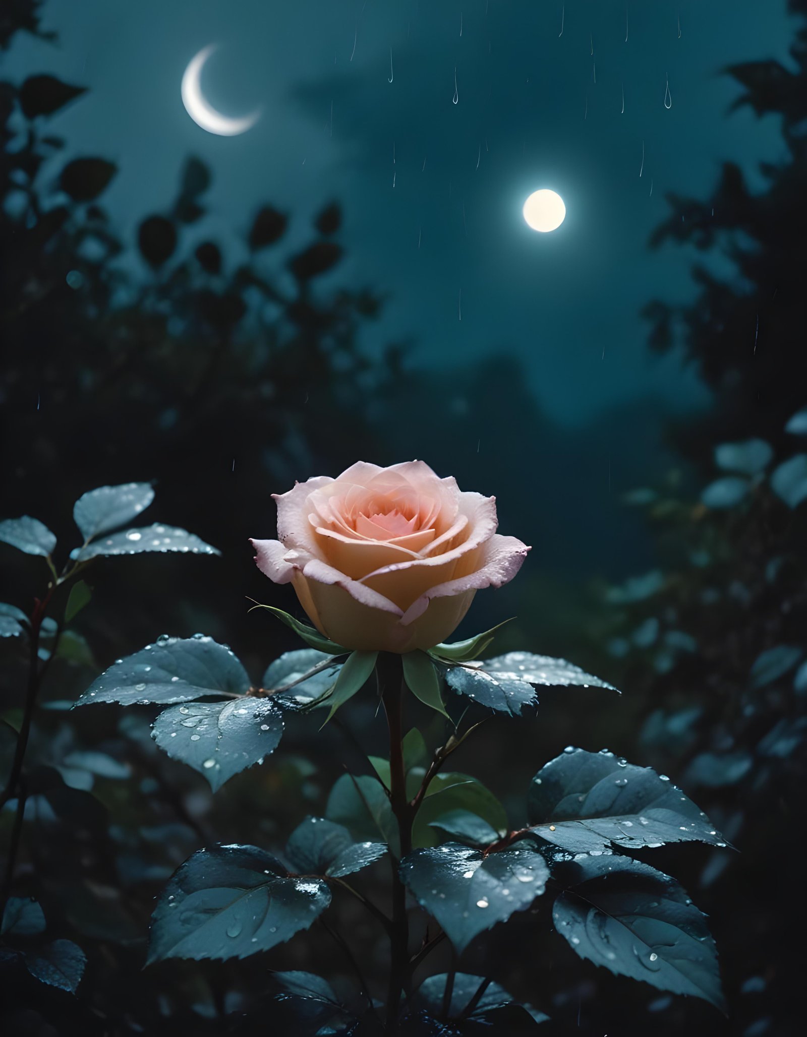 Romantic Rose Flower Under Moonlight with Dreamy Night Garden Background