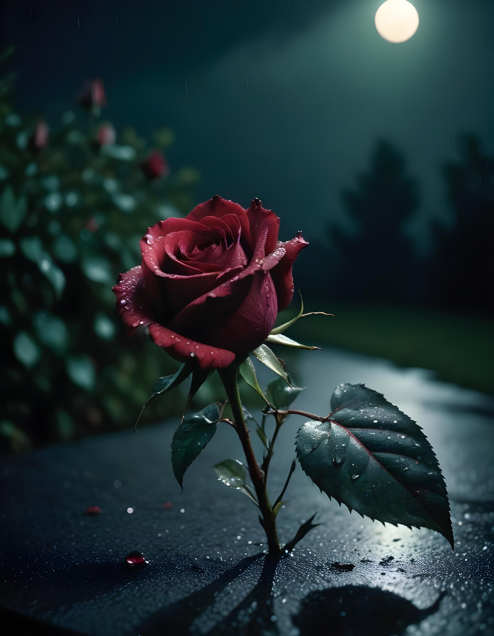 Romantic Rose Flower Under Moonlight with Dreamy Night Garden Background
