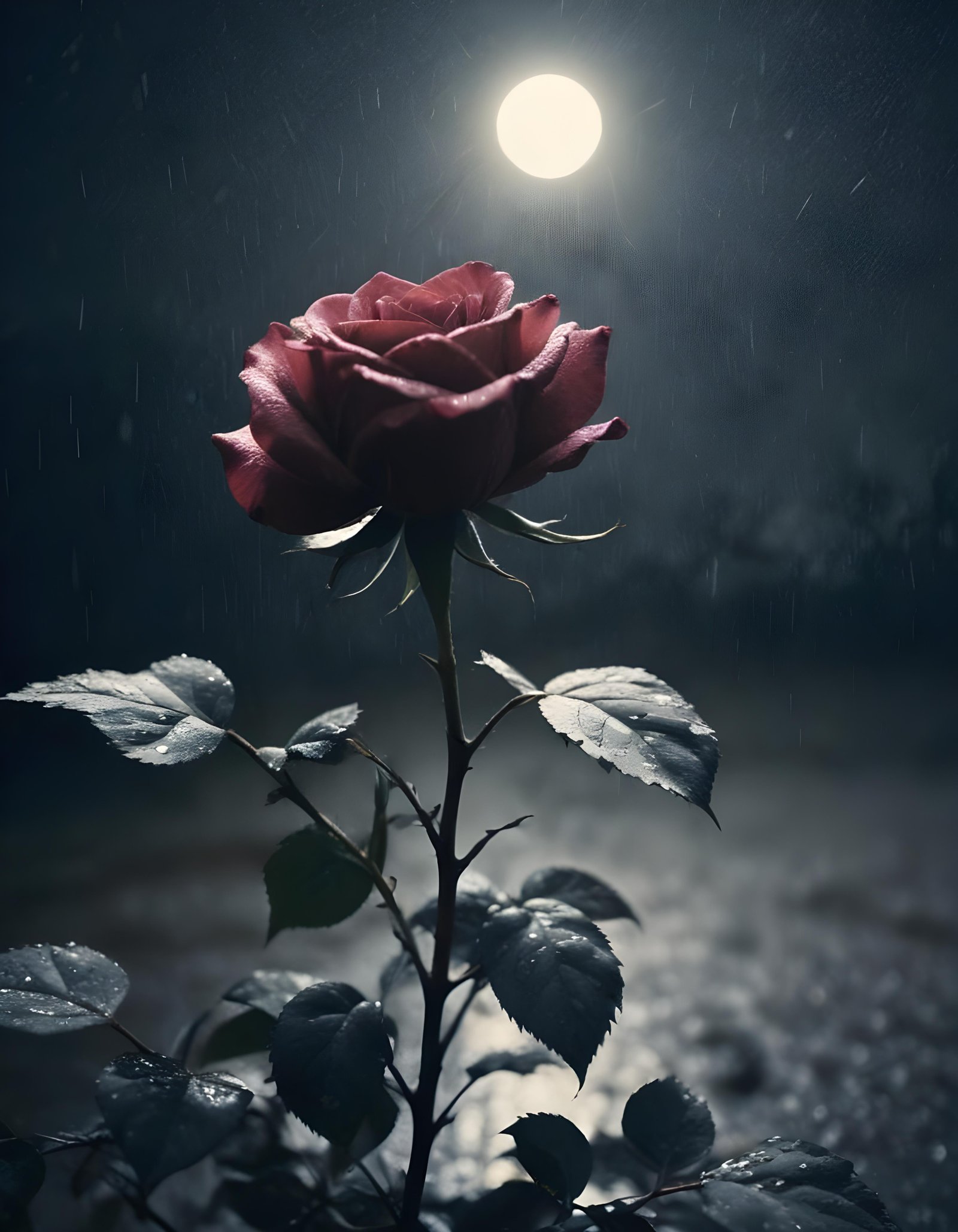 Romantic Rose Flower Under Moonlight with Dreamy Night Garden Background