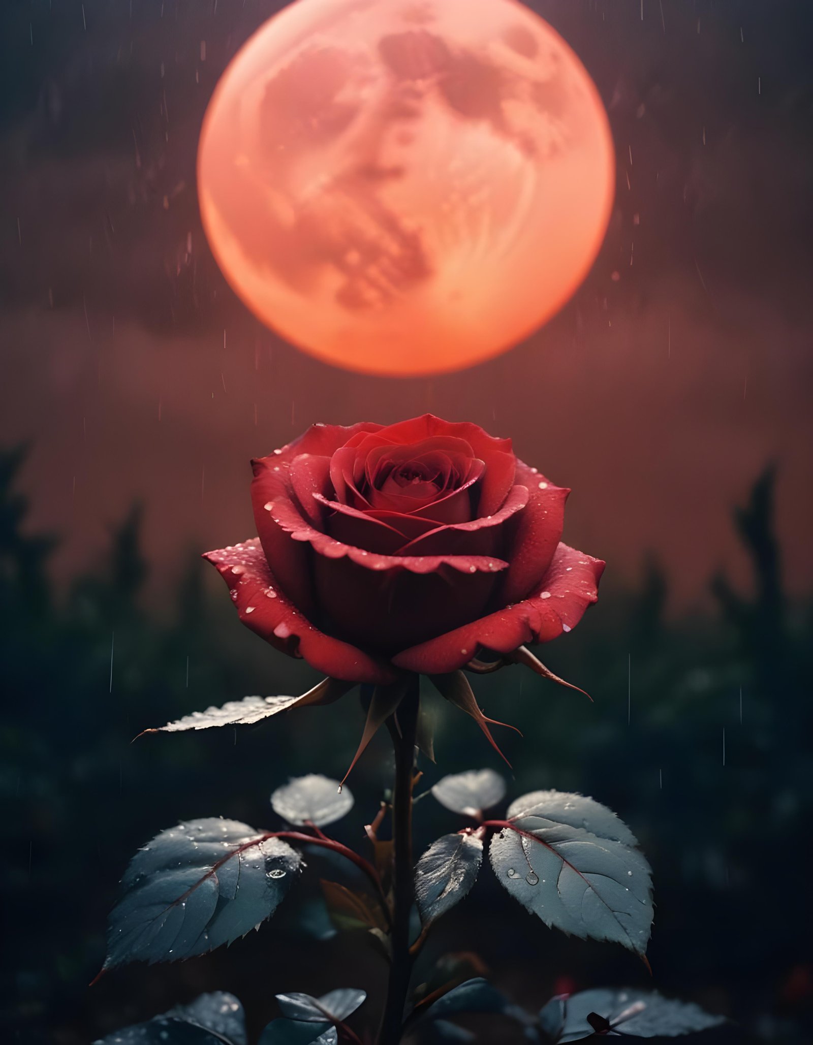 Romantic Rose Flower Under Moonlight with Dreamy Night Garden Background