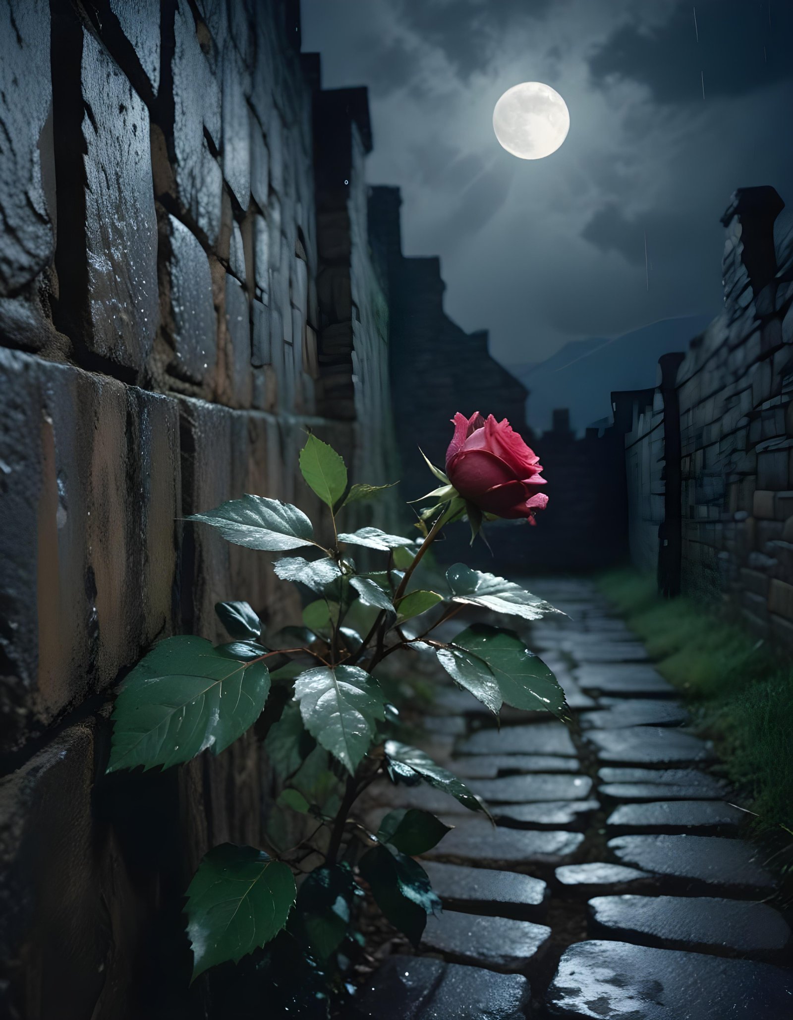 Romantic Rose Flower Under Moonlight with Dreamy Night Garden Background