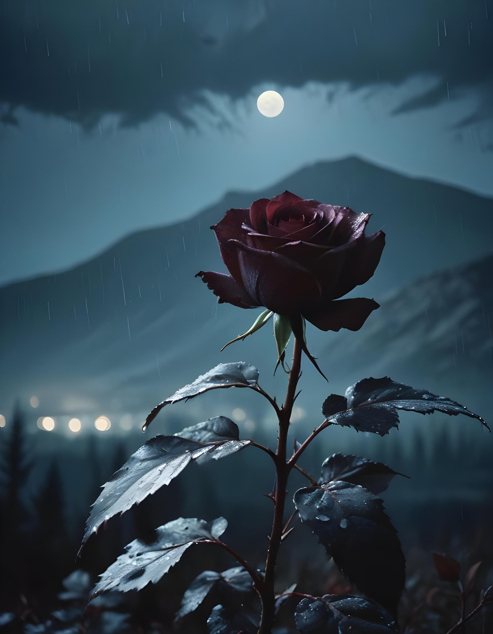 Romantic Rose Flower Under Moonlight with Dreamy Night Garden Background