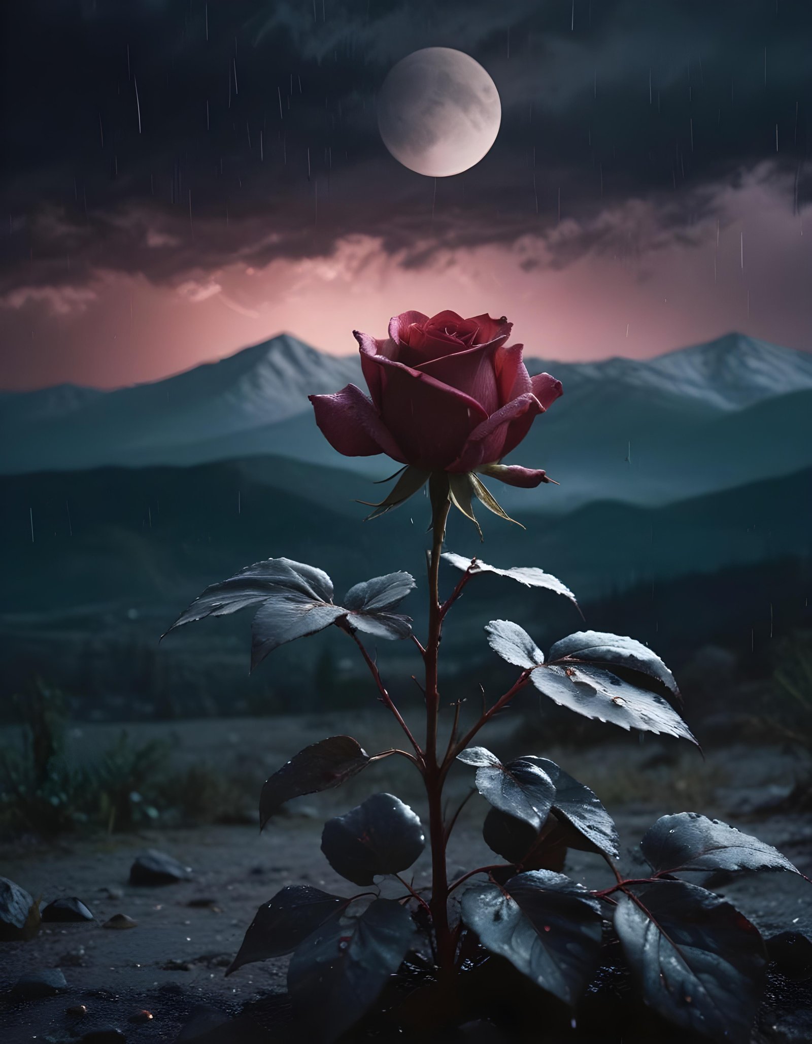 Romantic Rose Flower Under Moonlight with Dreamy Night Garden Background