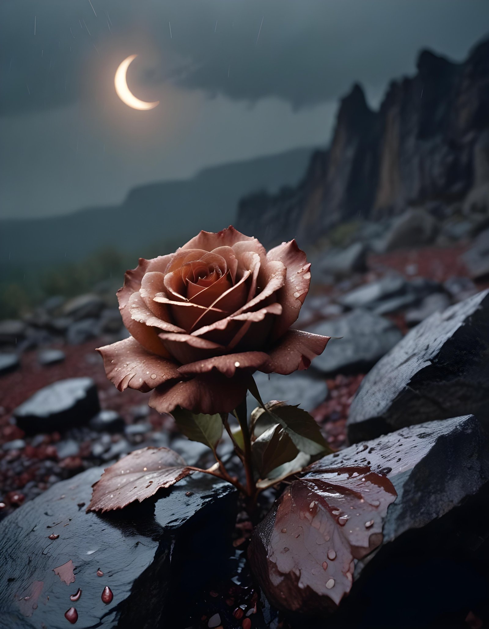 Romantic Rose Flower Under Moonlight with Dreamy Night Garden Background