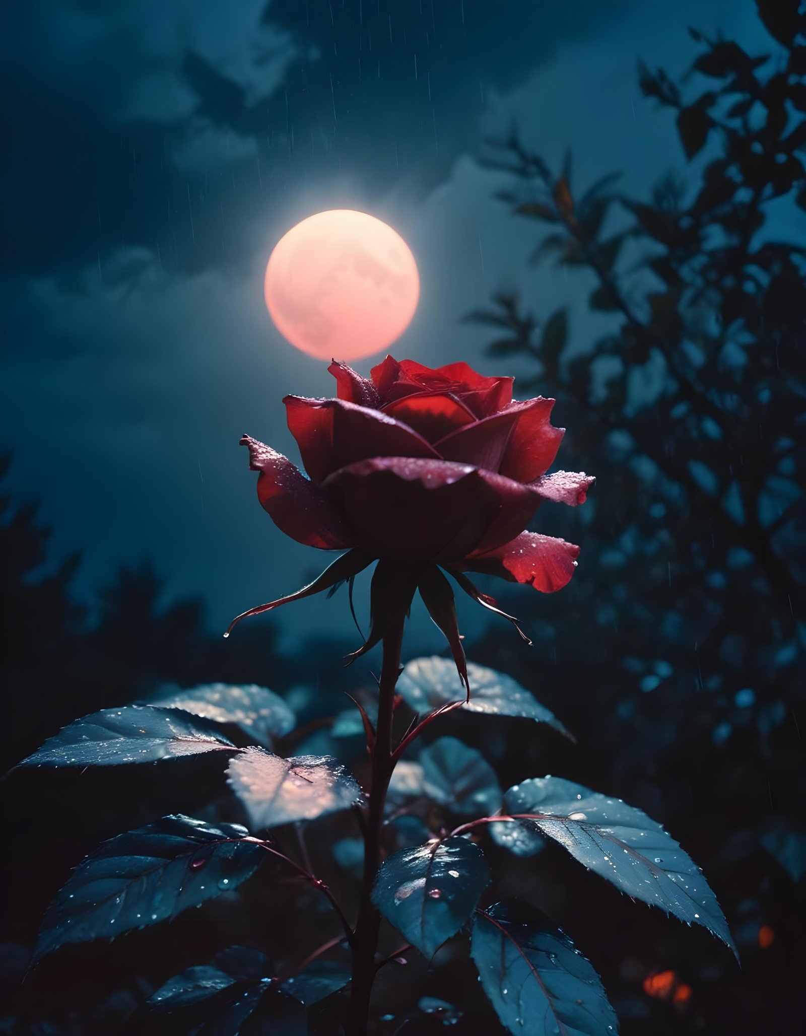 Romantic Rose Flower Under Moonlight with Dreamy Night Garden Background