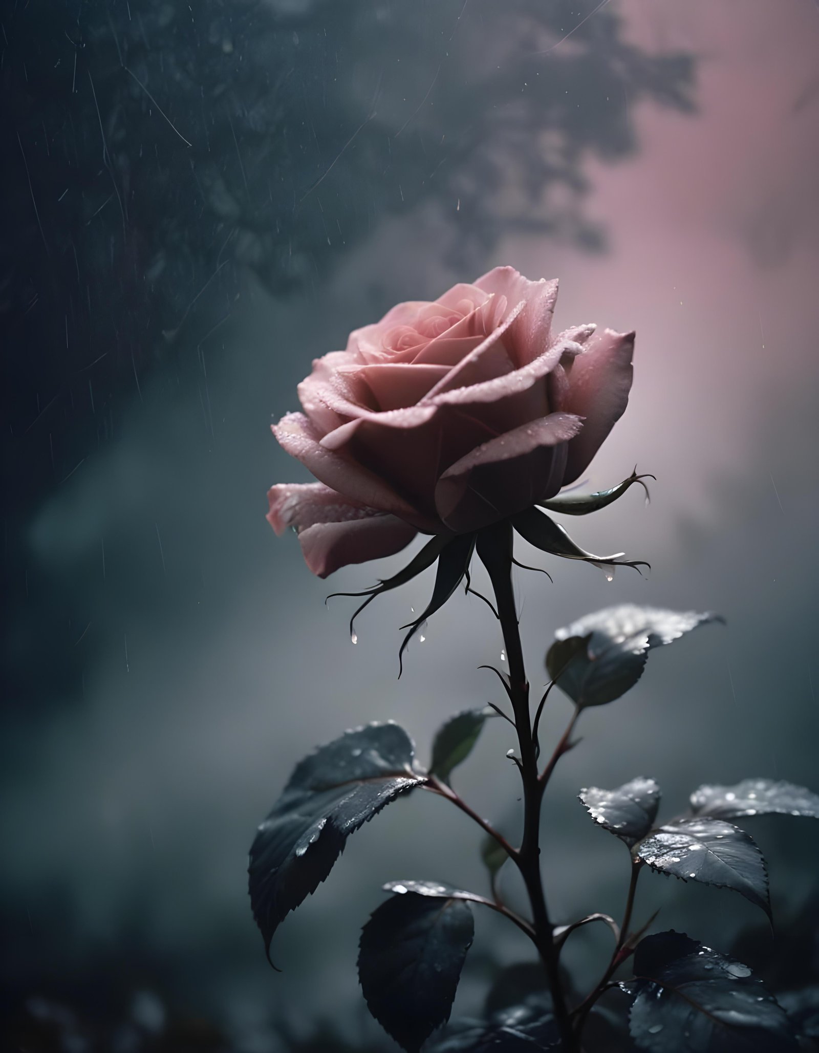 Romantic Rose Flower Under Moonlight with Dreamy Night Garden Background