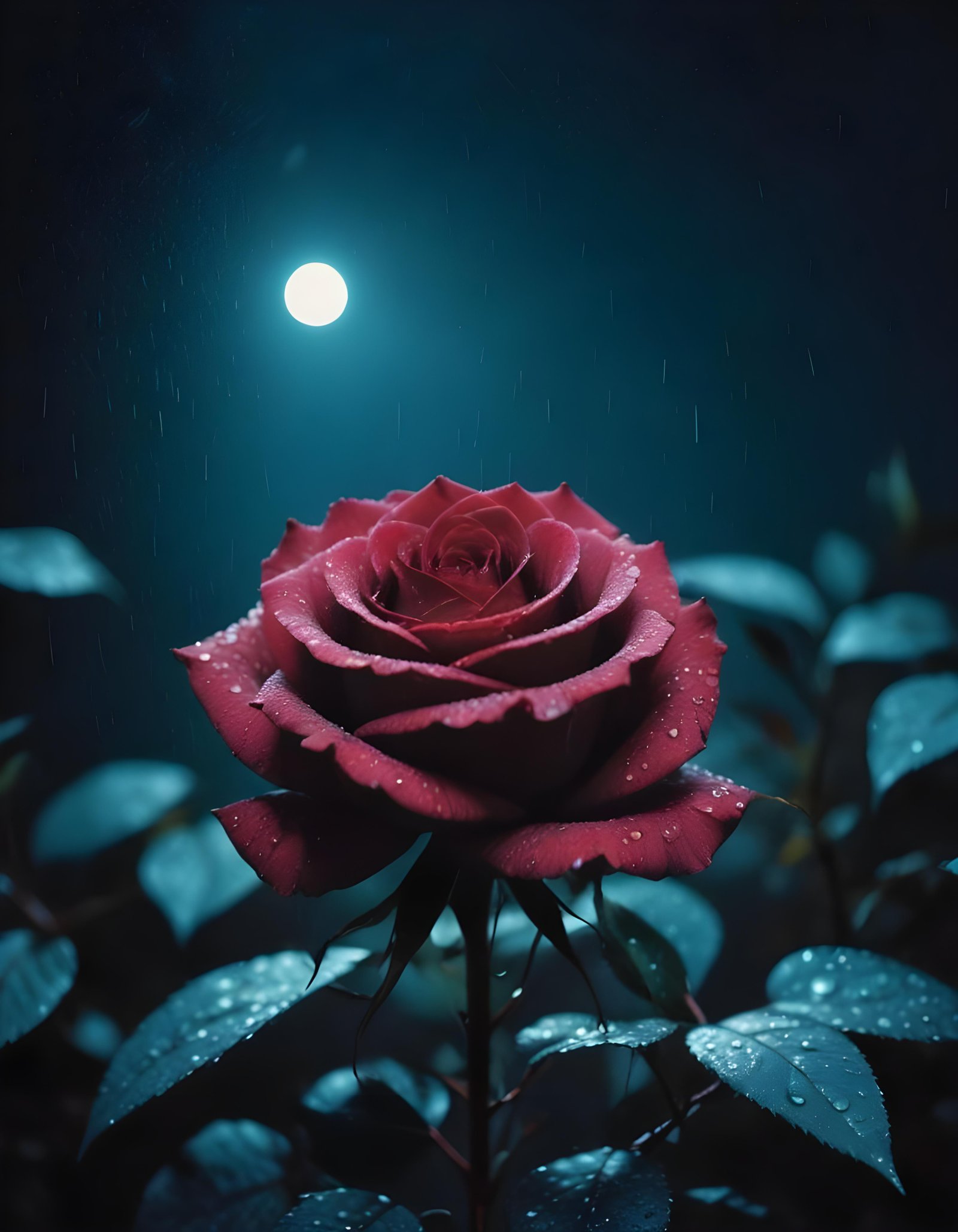 Romantic Rose Flower Under Moonlight with Dreamy Night Garden Background