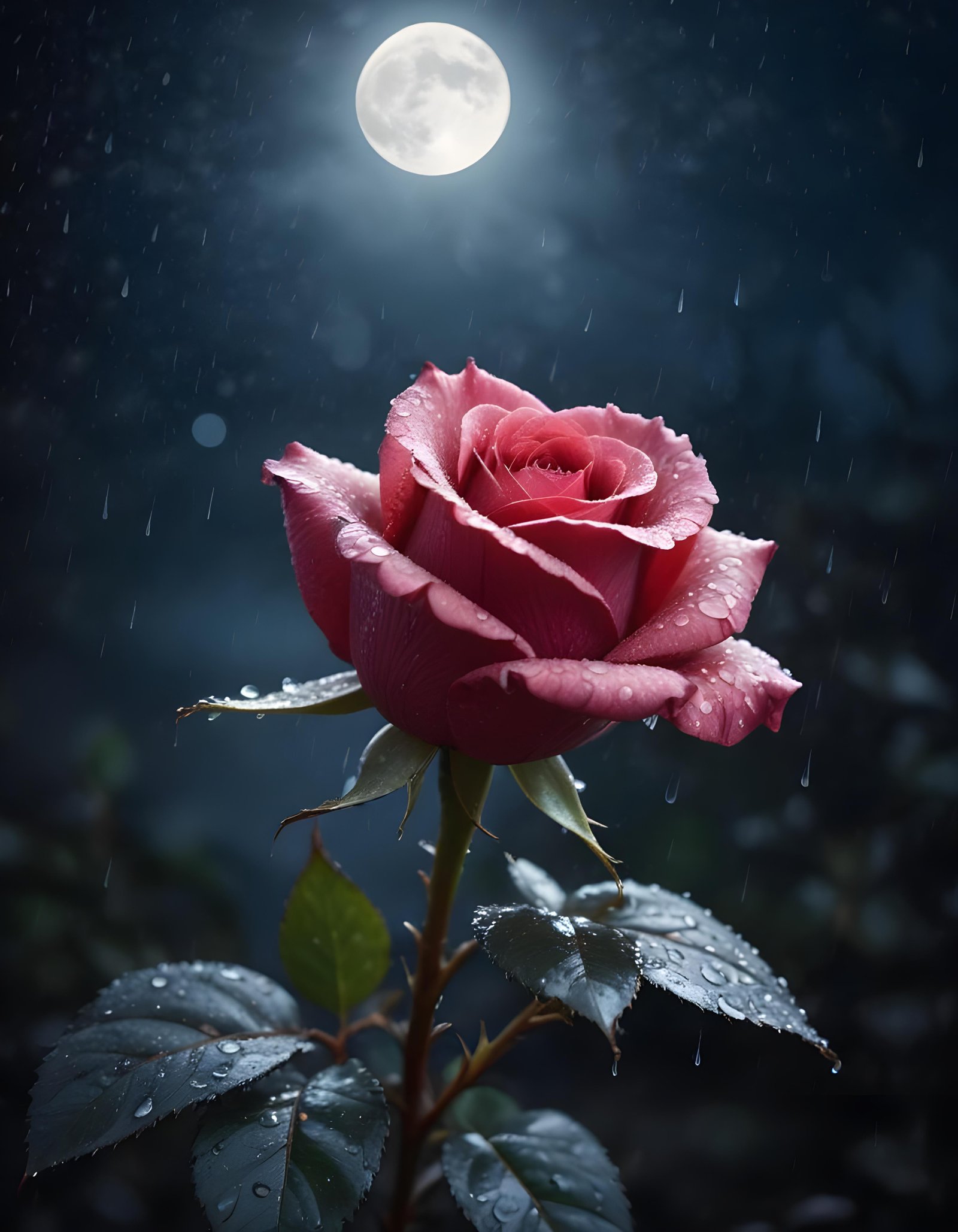 Romantic Rose Flower Under Moonlight with Dreamy Night Garden Background