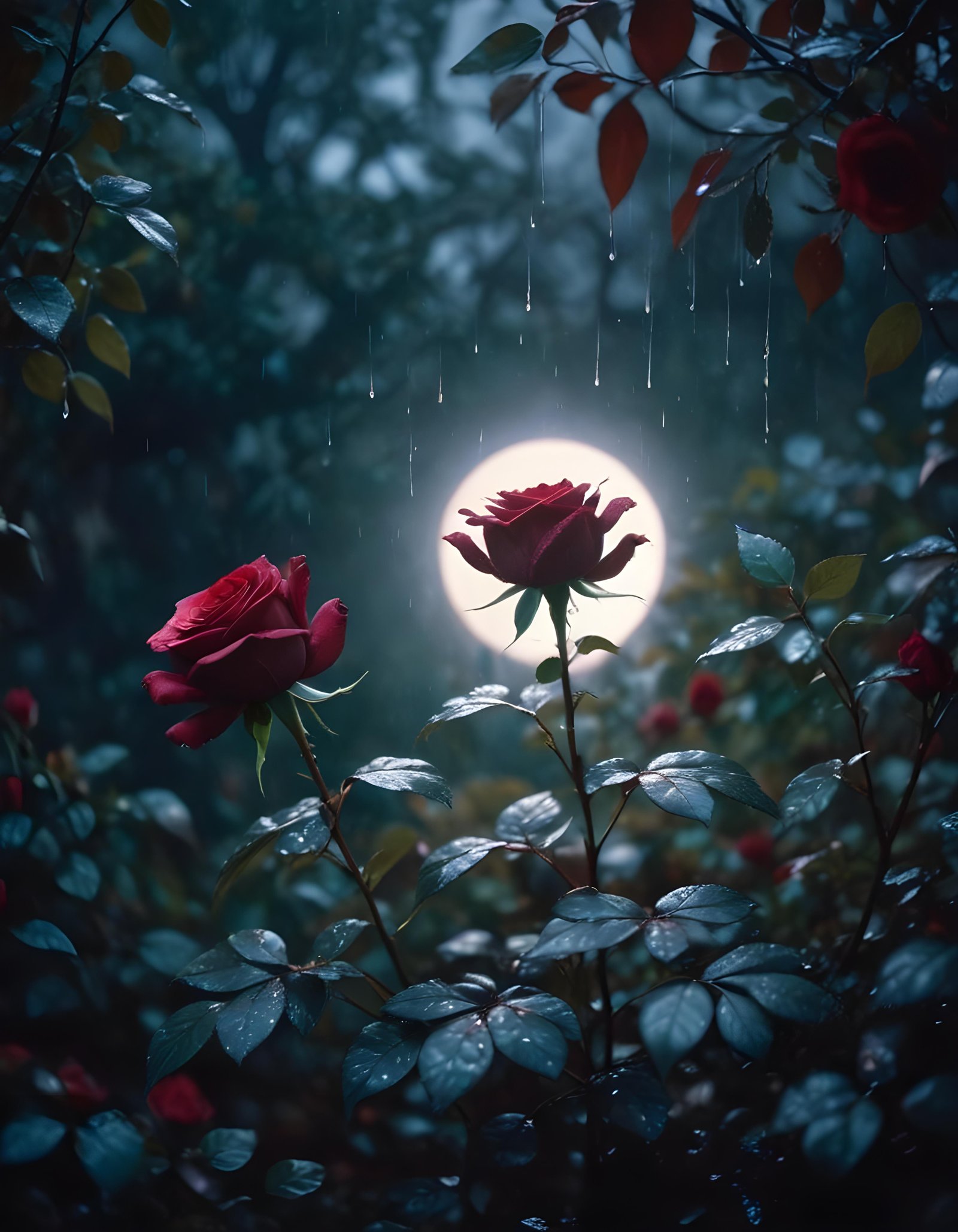 Romantic Rose Flower Under Moonlight with Dreamy Night Garden Background