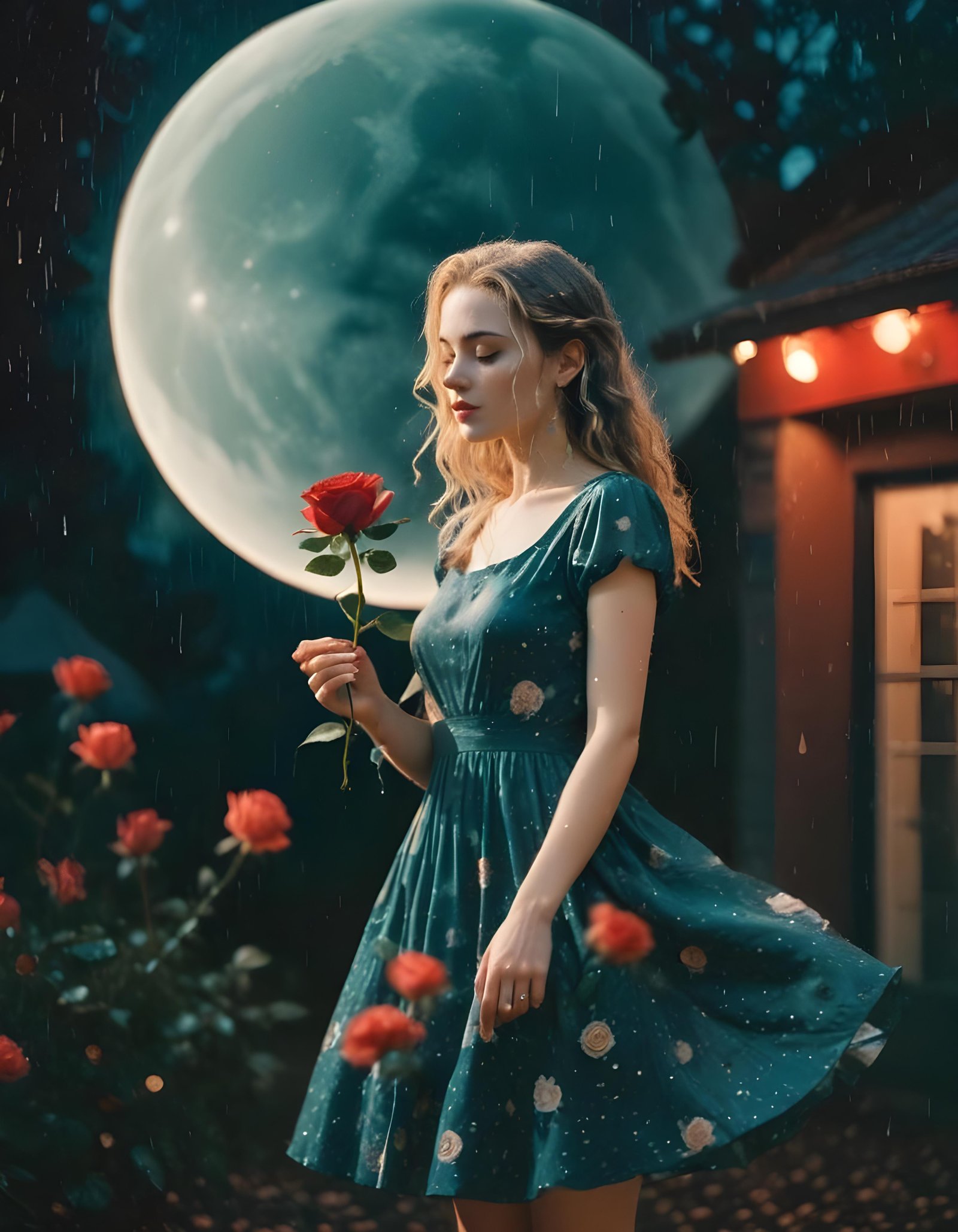 Romantic Rose Flower Under Moonlight with Dreamy Night Garden Background