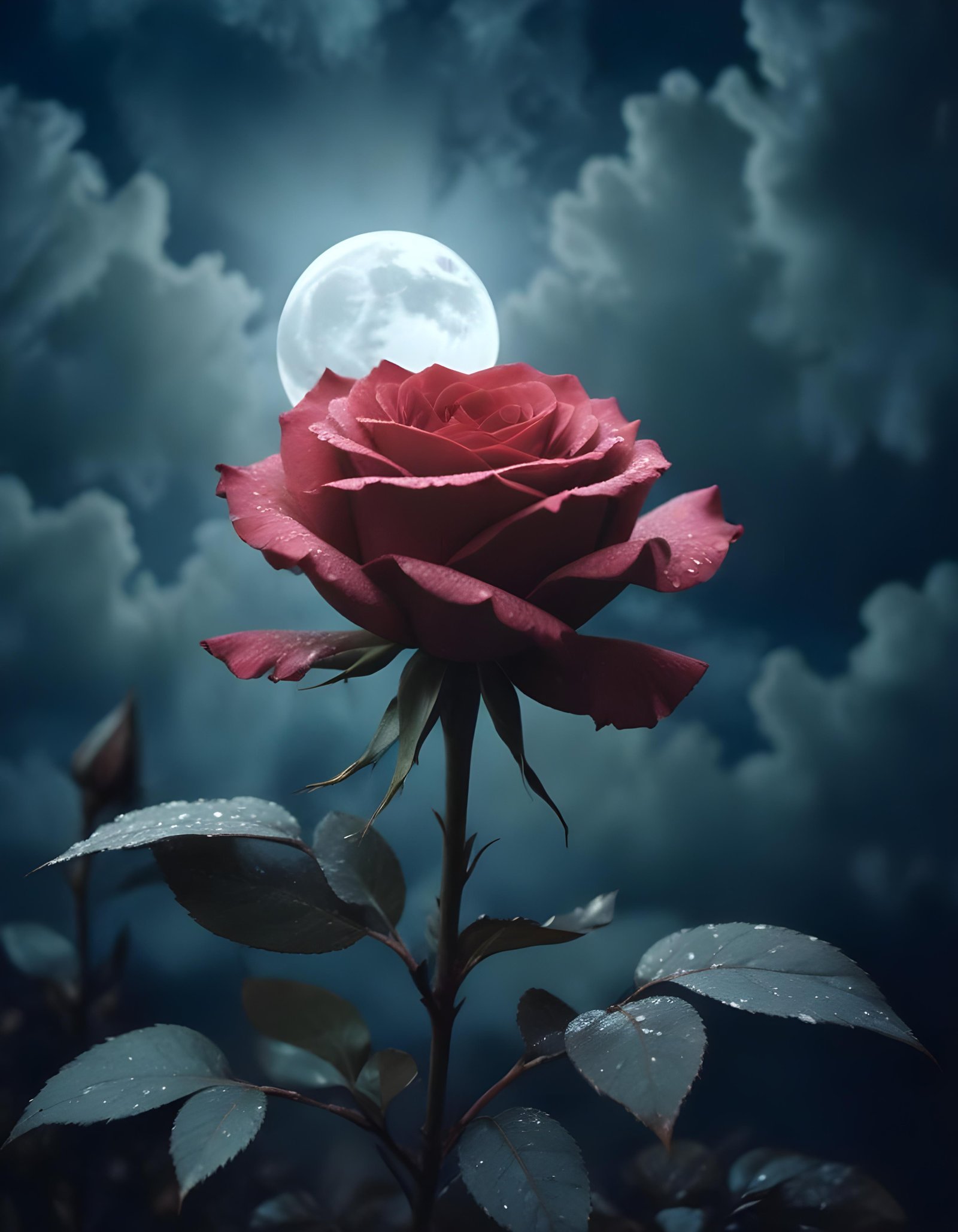Romantic Rose Flower Under Moonlight with Dreamy Night Garden Background