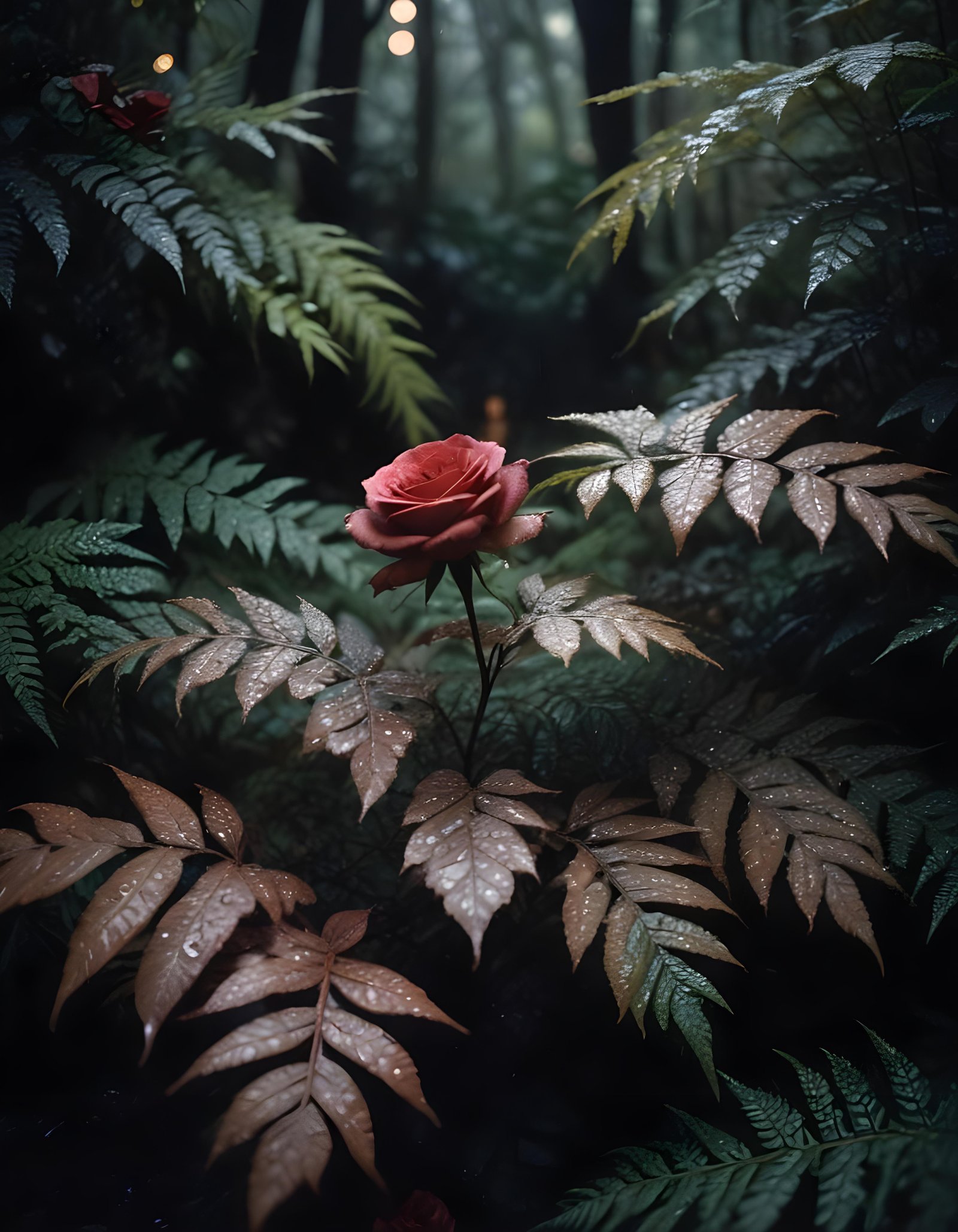 Romantic Rose Flower Under Moonlight with Dreamy Night Garden Background