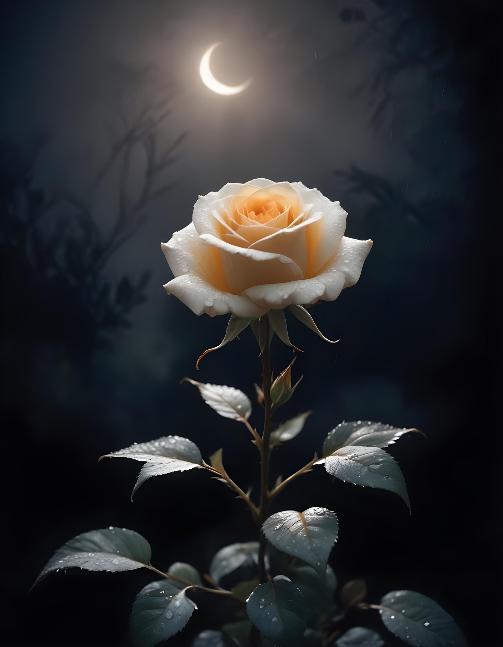 Romantic Rose Flower Under Moonlight with Dreamy Night Garden Background