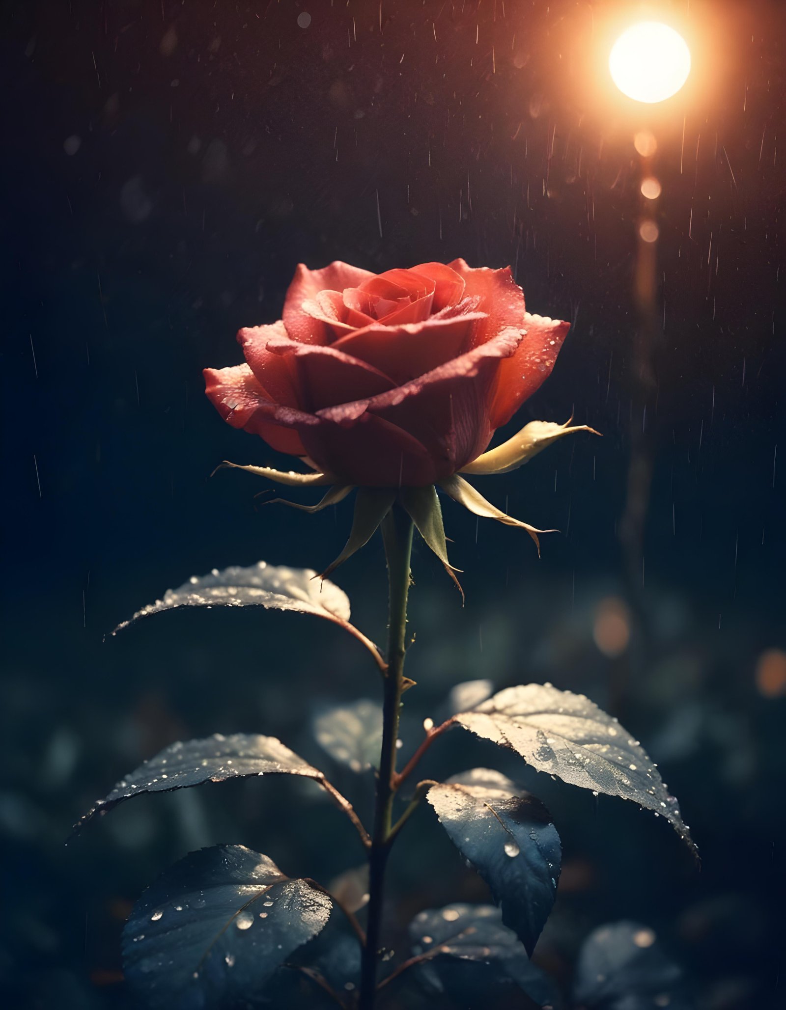 Romantic Rose Flower Under Moonlight with Dreamy Night Garden Background