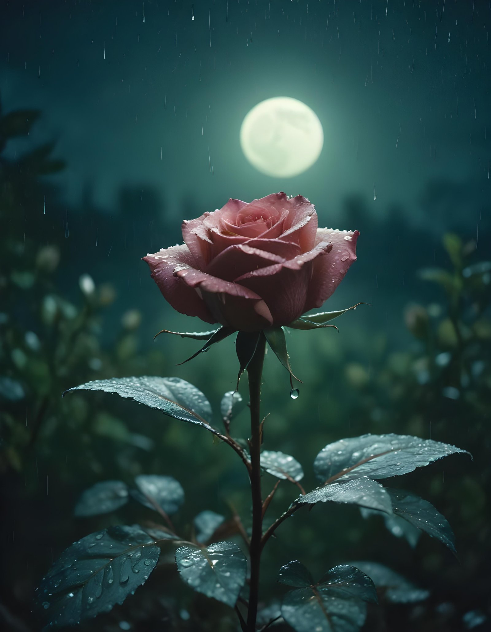 Romantic Rose Flower Under Moonlight with Dreamy Night Garden Background