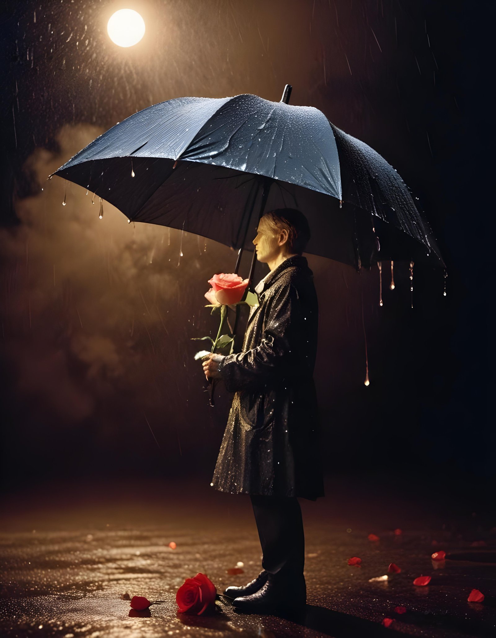 Romantic Rose Flower Under Moonlight with Dreamy Night Garden Background