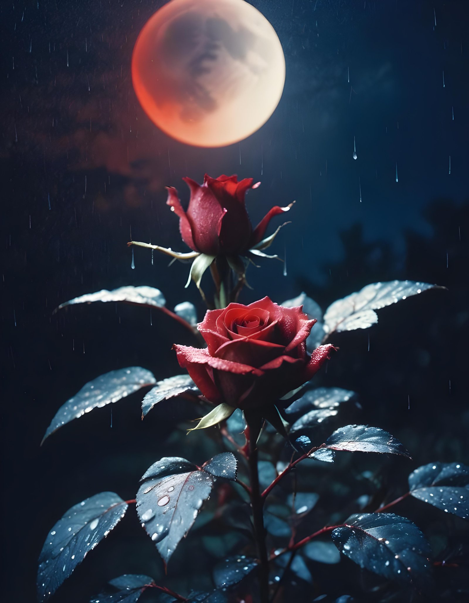 Romantic Rose Flower Under Moonlight with Dreamy Night Garden Background