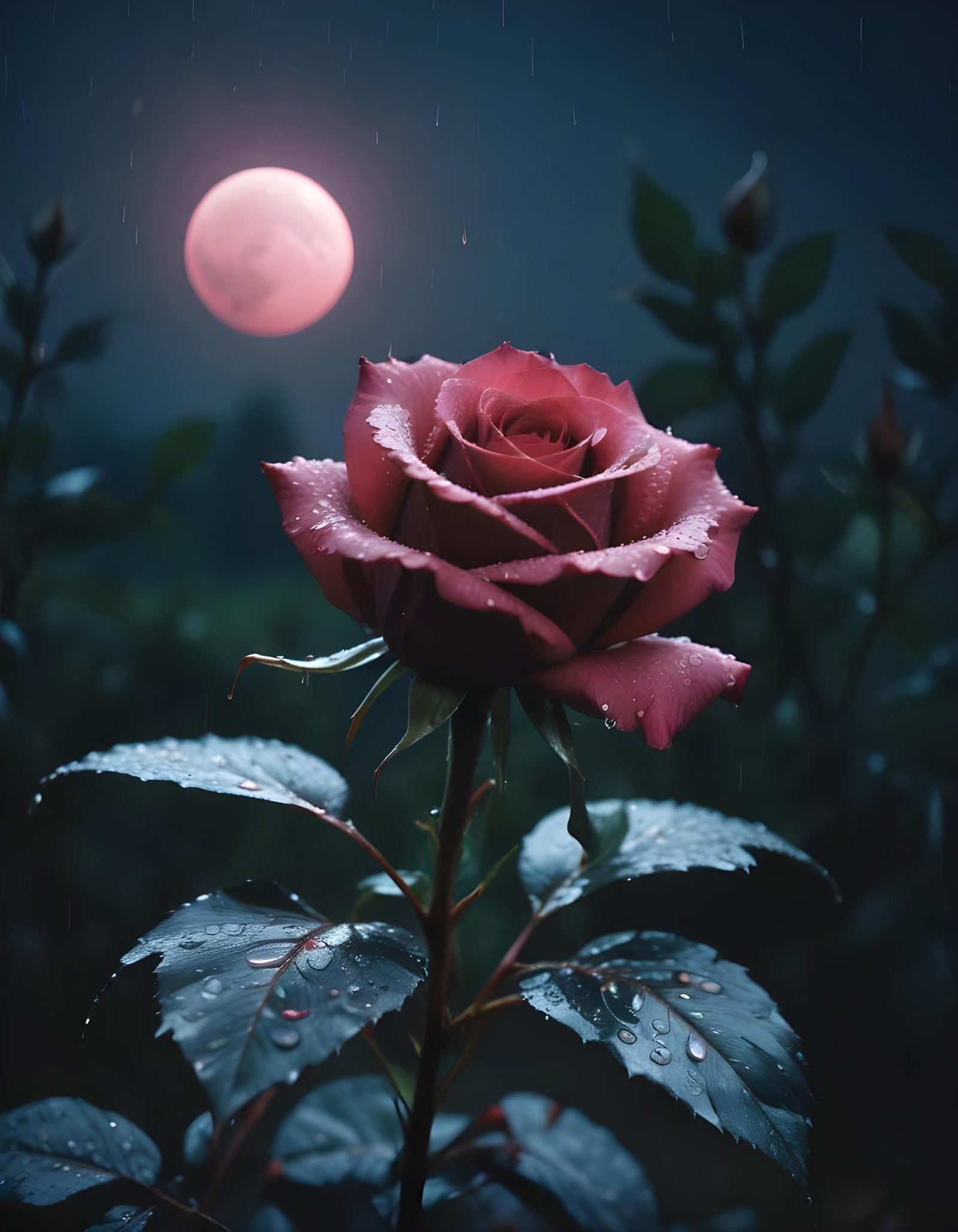 Romantic Rose Flower Under Moonlight with Dreamy Night Garden Background
