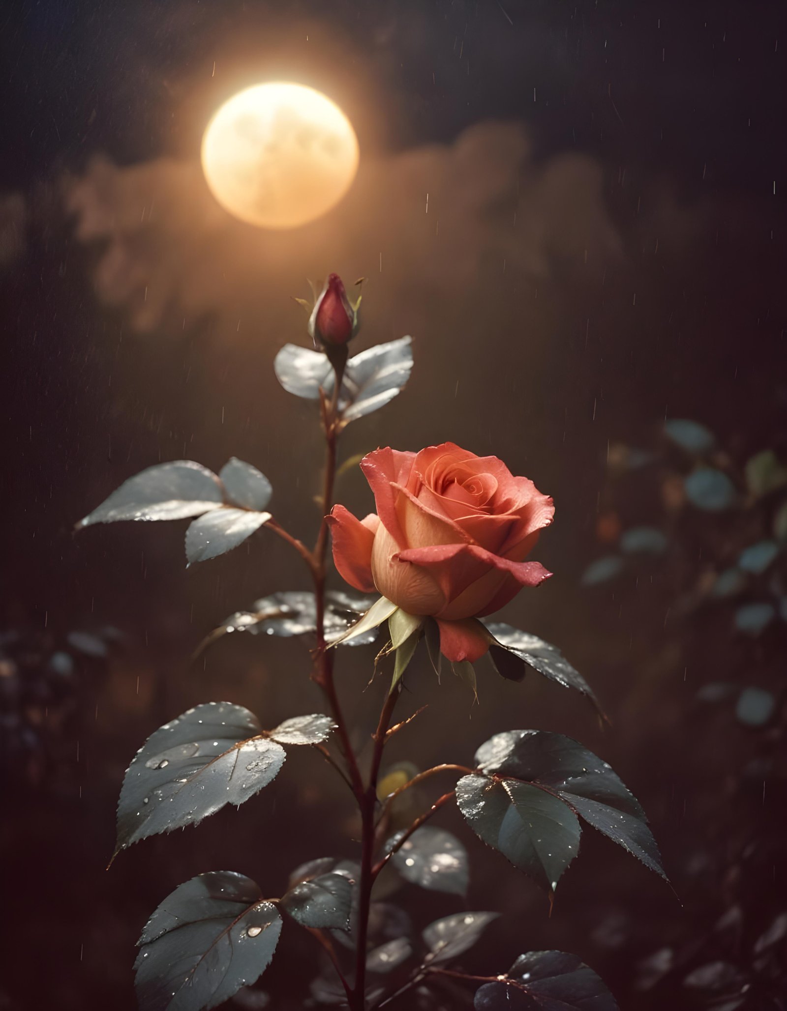 Romantic Rose Flower Under Moonlight with Dreamy Night Garden Background