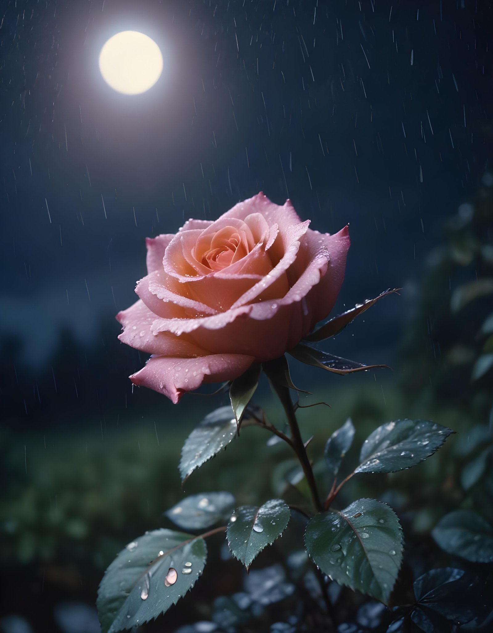 Romantic Rose Flower Under Moonlight with Dreamy Night Garden Background