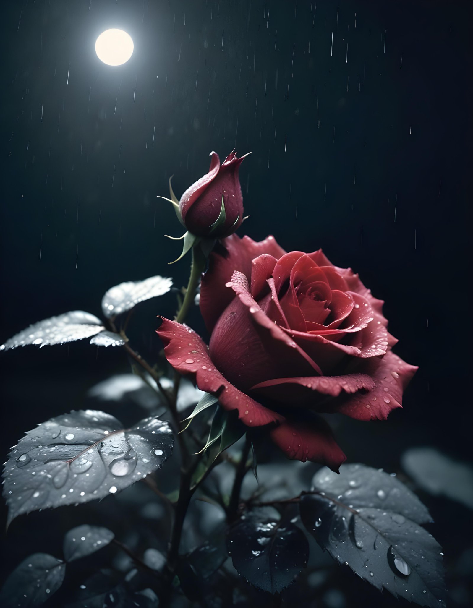 Romantic Rose Flower Under Moonlight with Dreamy Night Garden Background