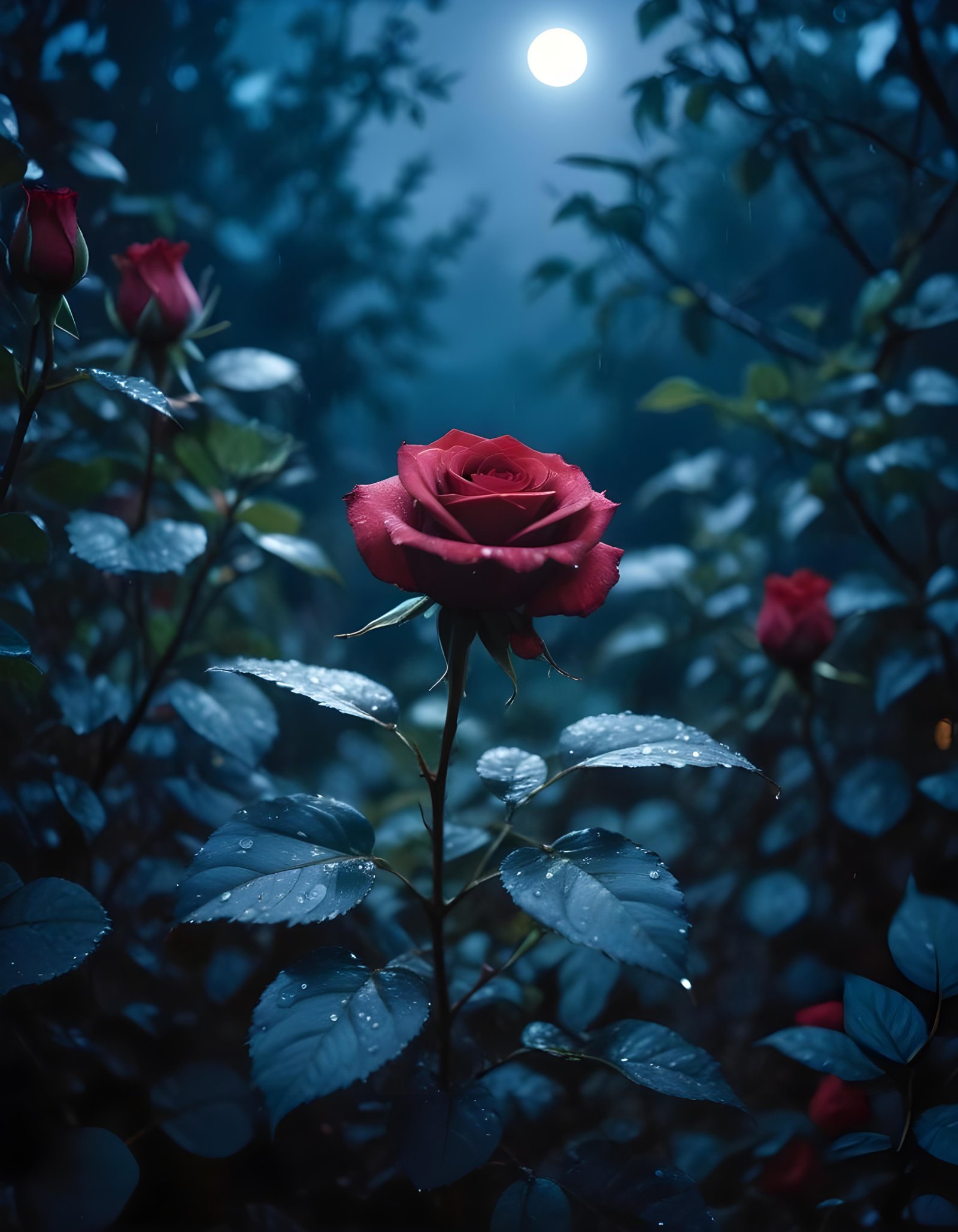 Romantic Rose Flower Under Moonlight with Dreamy Night Garden Background