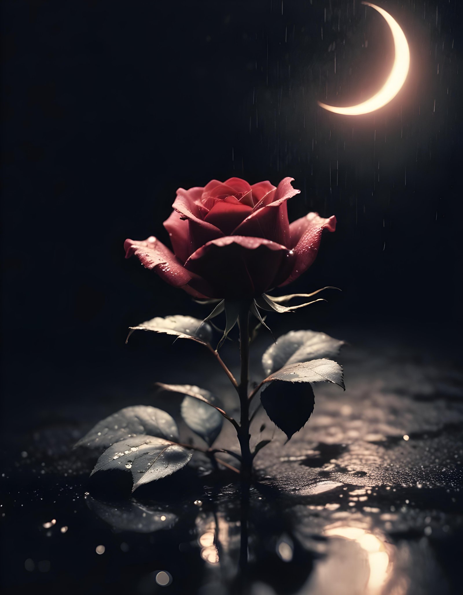 Romantic Rose Flower Under Moonlight with Dreamy Night Garden Background