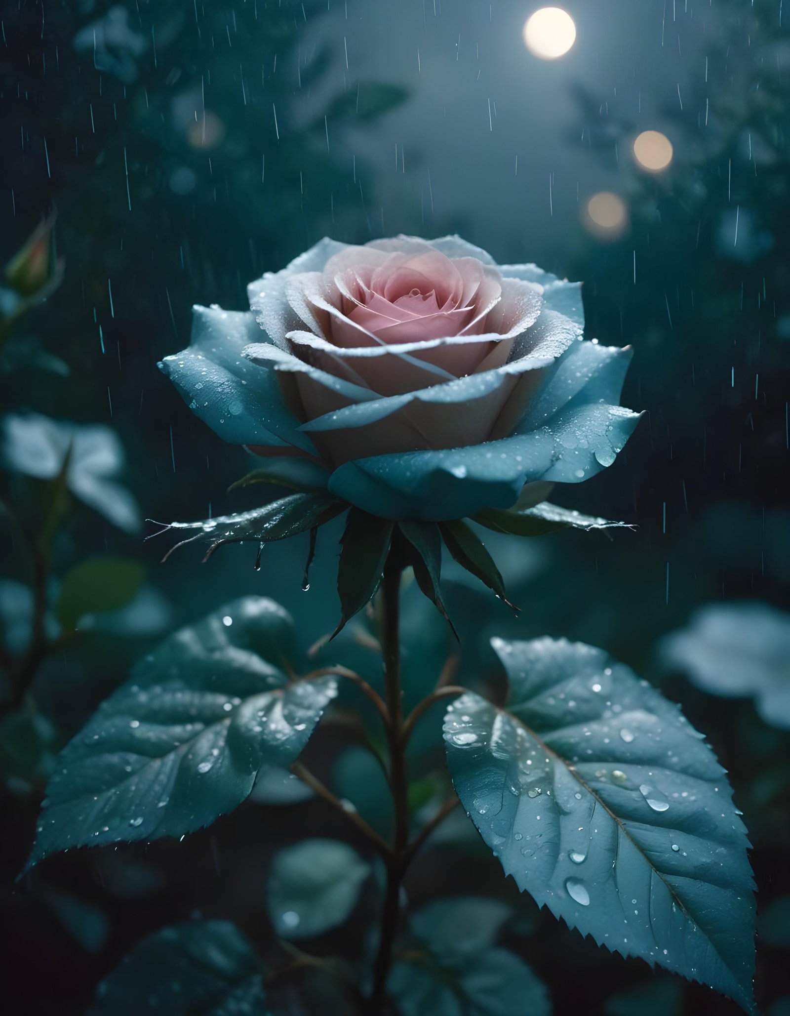 Romantic Rose Flower Under Moonlight with Dreamy Night Garden Background