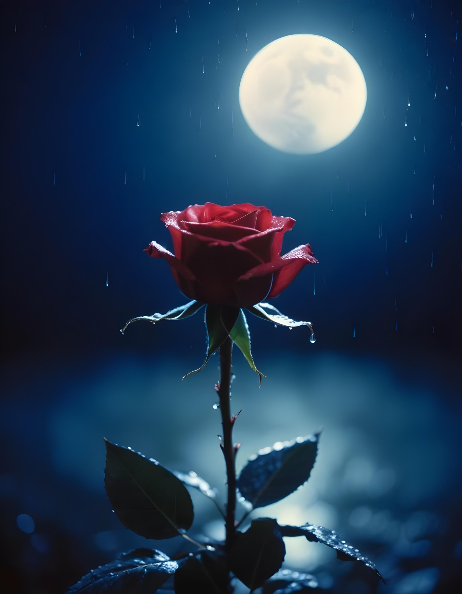 Romantic Rose Flower Under Moonlight with Dreamy Night Garden Background