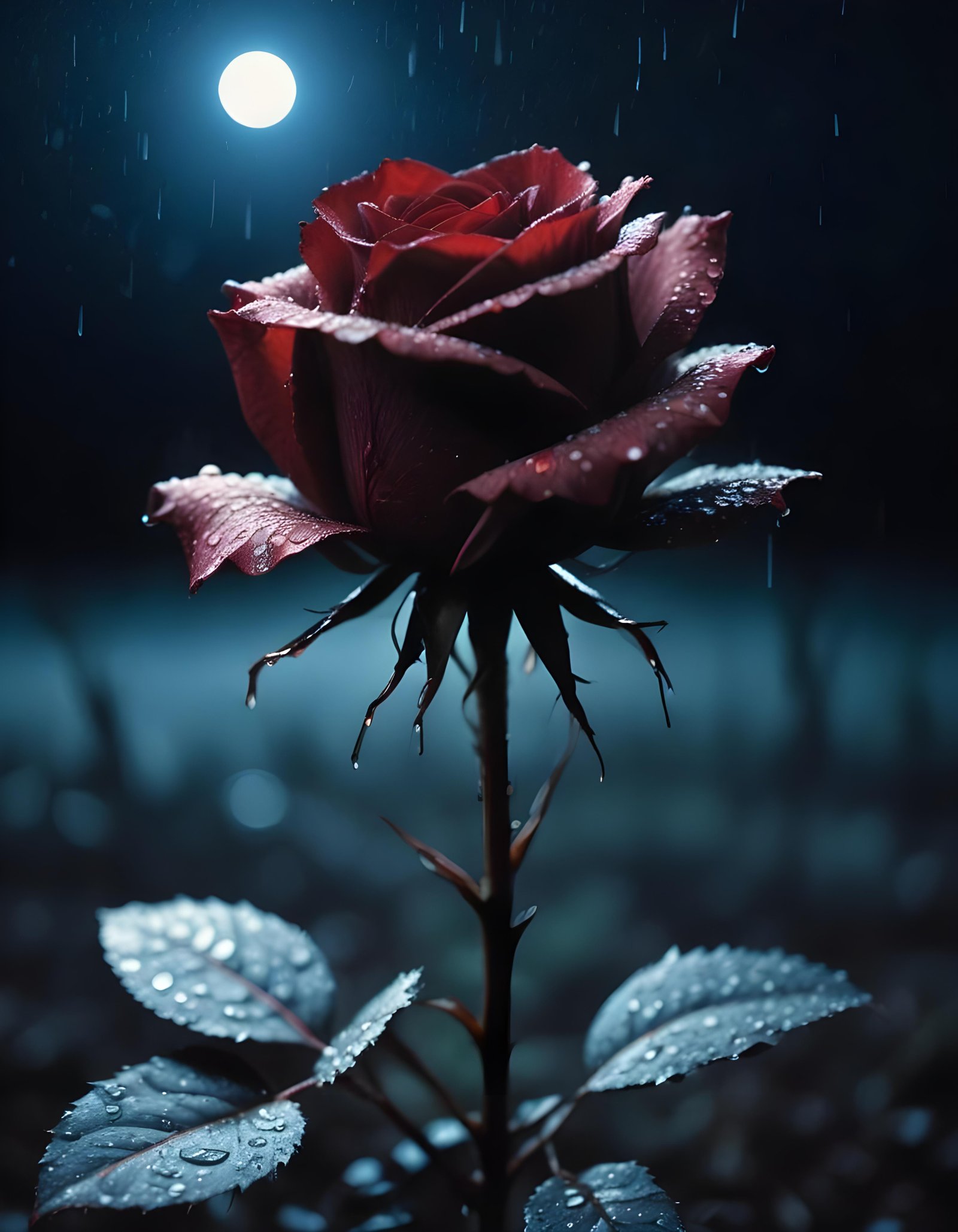 Romantic Rose Flower Under Moonlight with Dreamy Night Garden Background