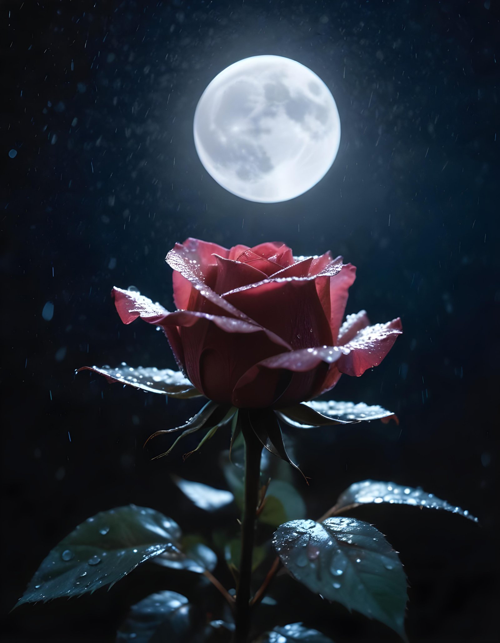 Romantic Rose Flower Under Moonlight with Dreamy Night Garden Background
