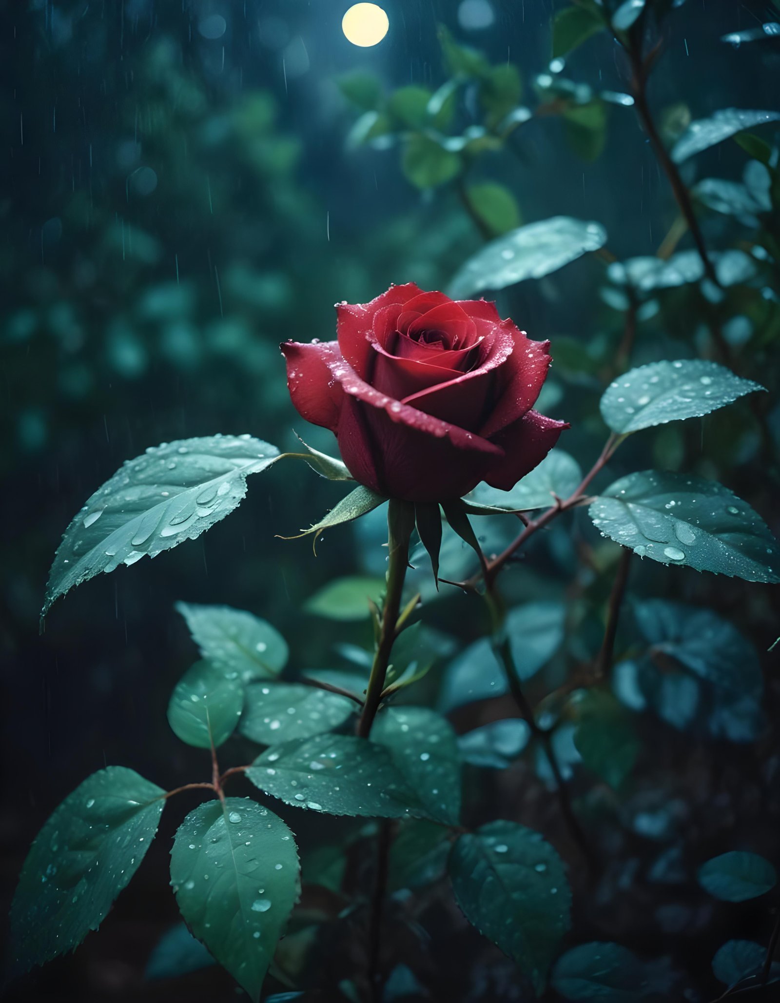 Romantic Rose Flower Under Moonlight with Dreamy Night Garden Background