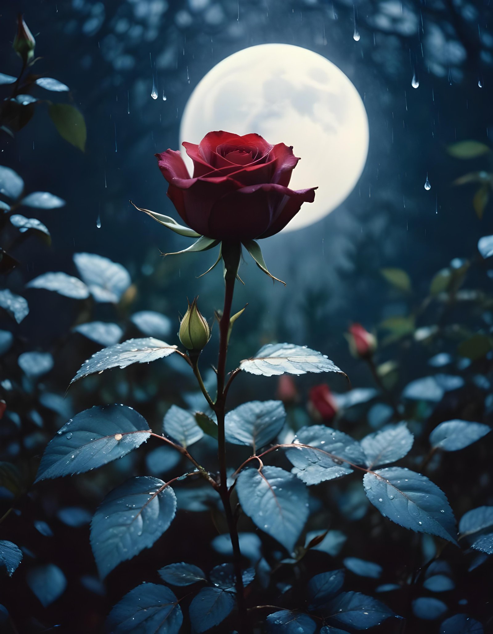 Romantic Rose Flower Under Moonlight with Dreamy Night Garden Background