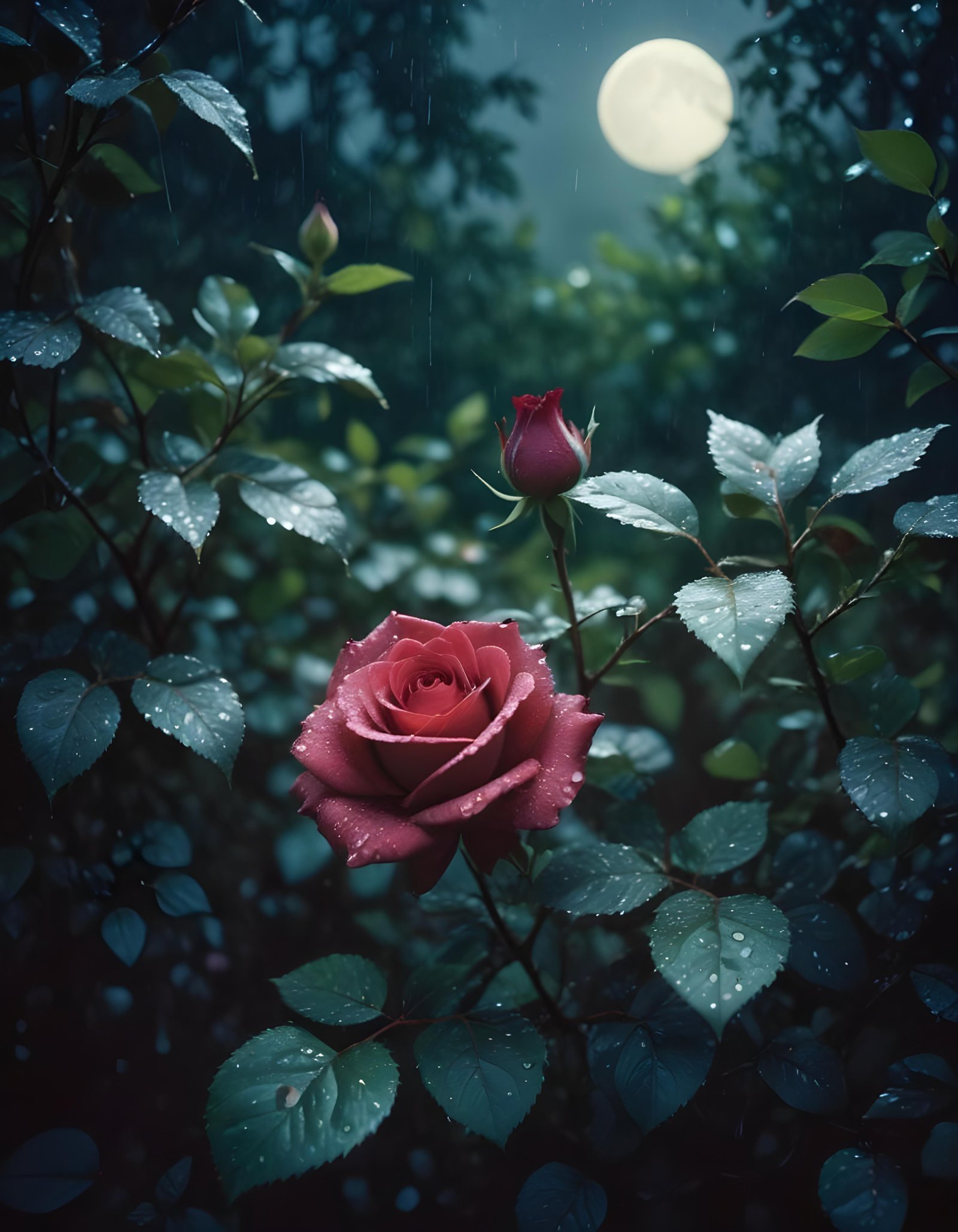 Romantic Rose Flower Under Moonlight with Dreamy Night Garden Background
