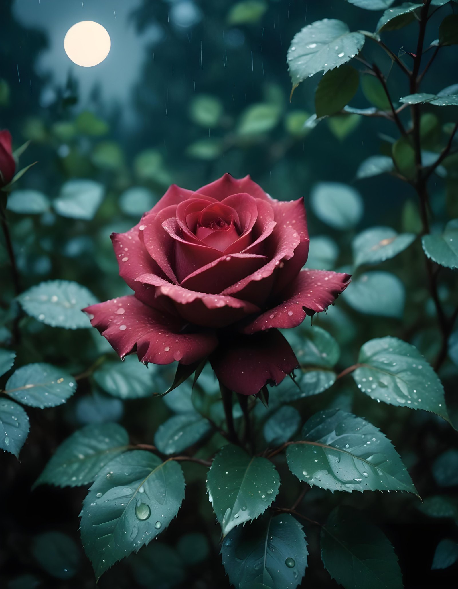 Romantic Rose Flower Under Moonlight with Dreamy Night Garden Background