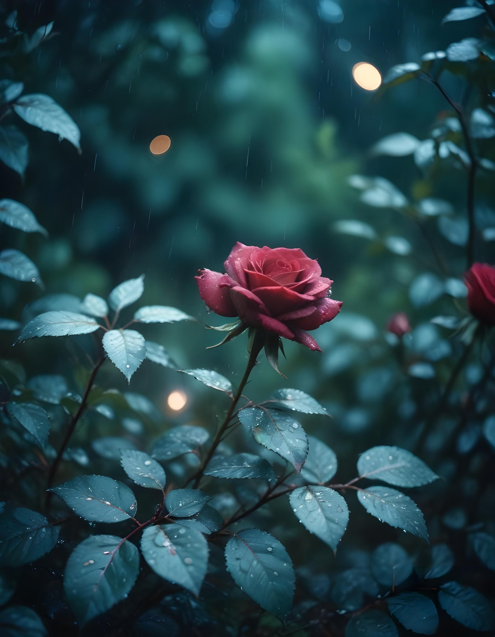 Romantic Rose Flower Under Moonlight with Dreamy Night Garden Background