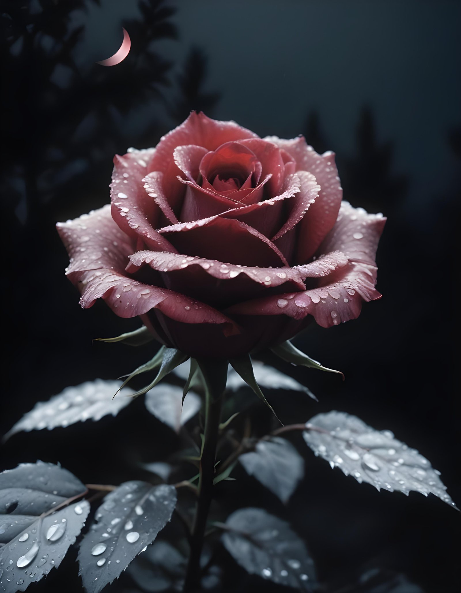 Romantic Rose Flower Under Moonlight with Dreamy Night Garden Background