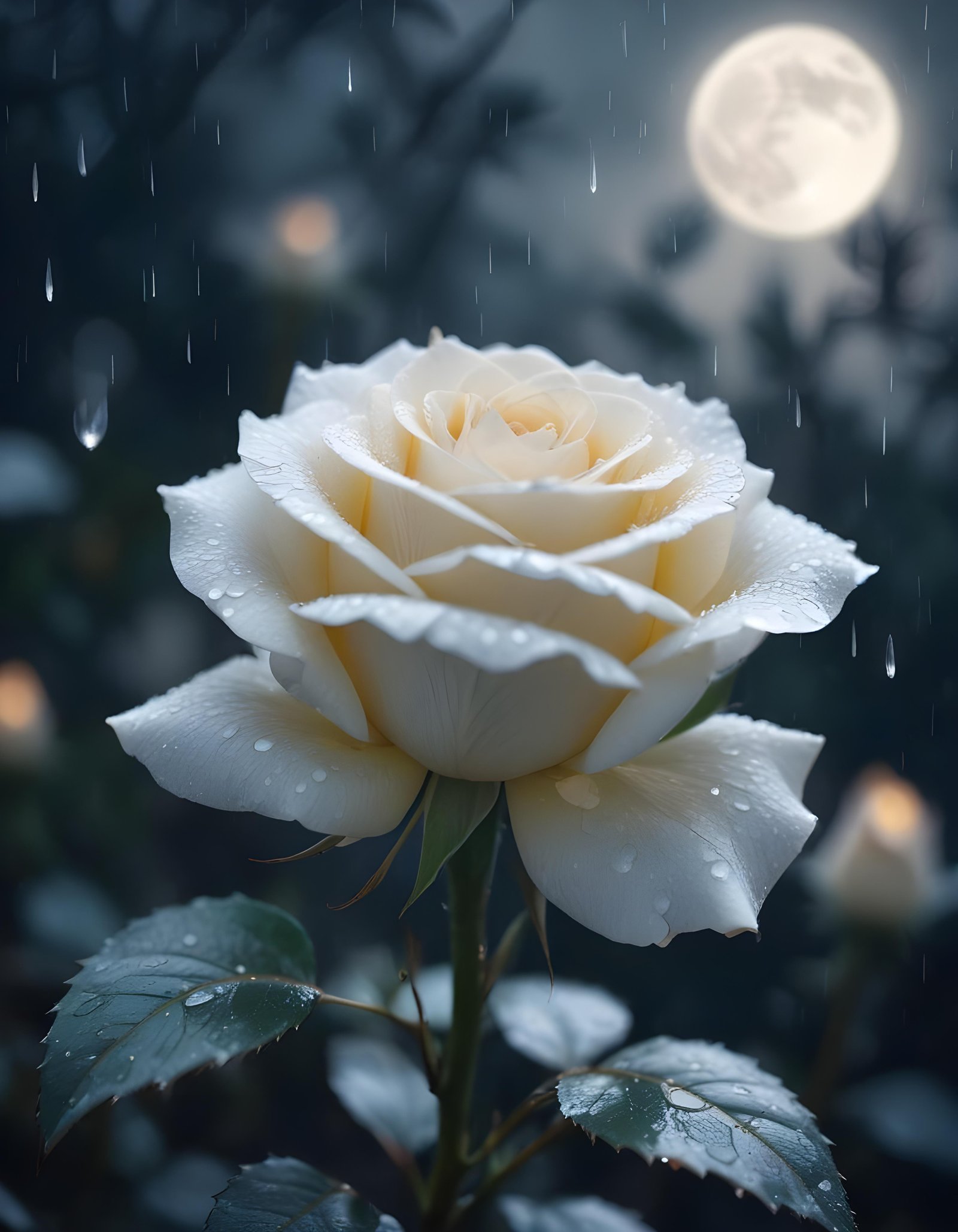 Romantic Rose Flower Under Moonlight with Dreamy Night Garden Background