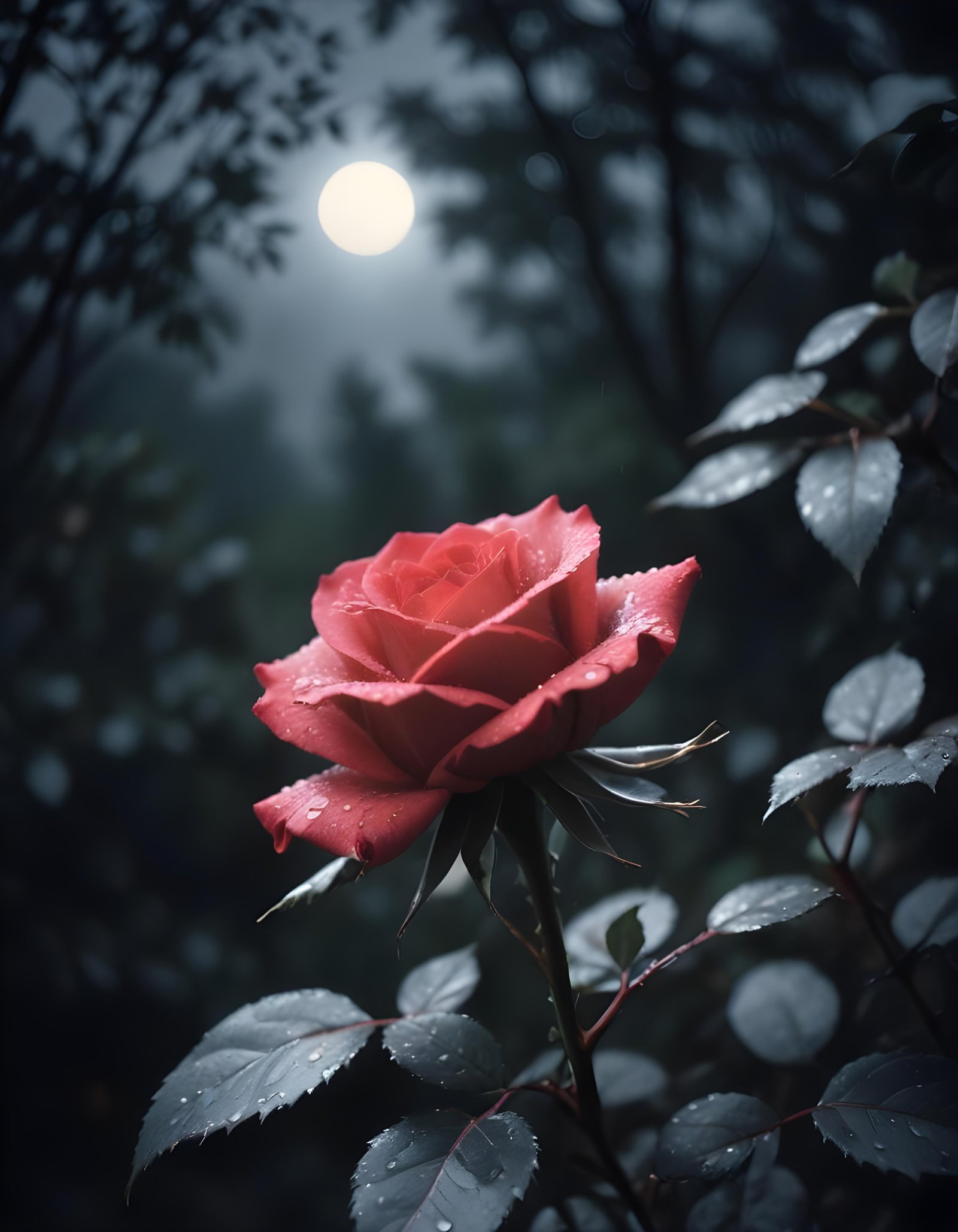Romantic Rose Flower Under Moonlight with Dreamy Night Garden Background