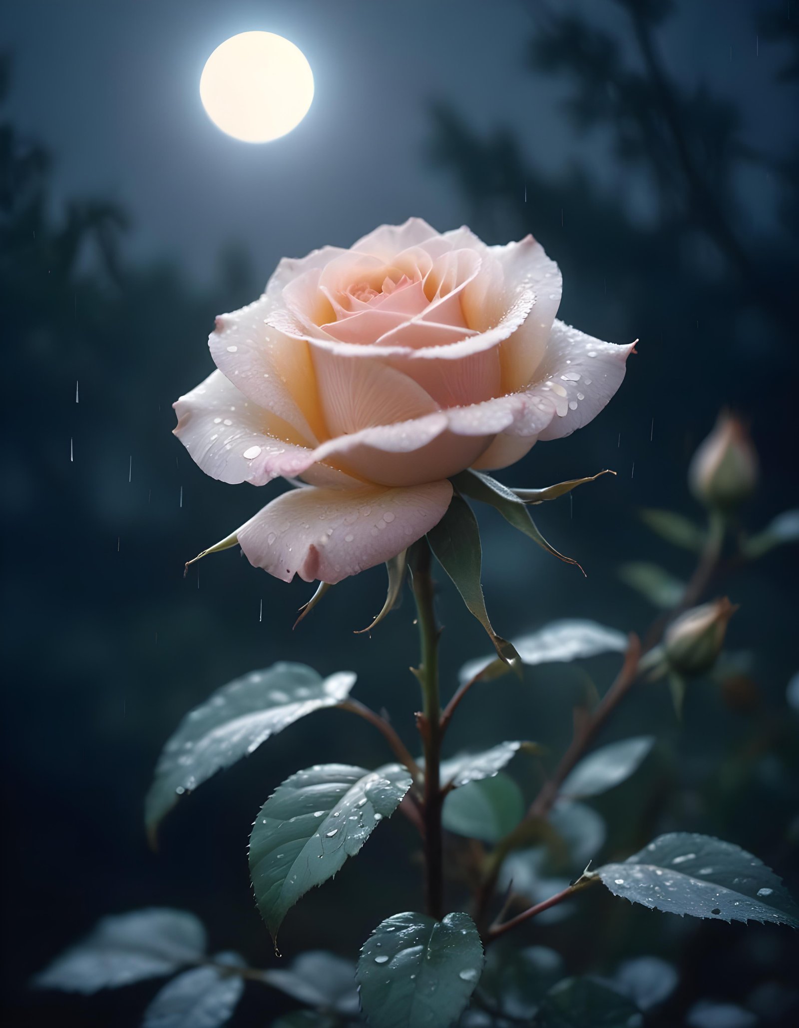 Romantic Rose Flower Under Moonlight with Dreamy Night Garden Background
