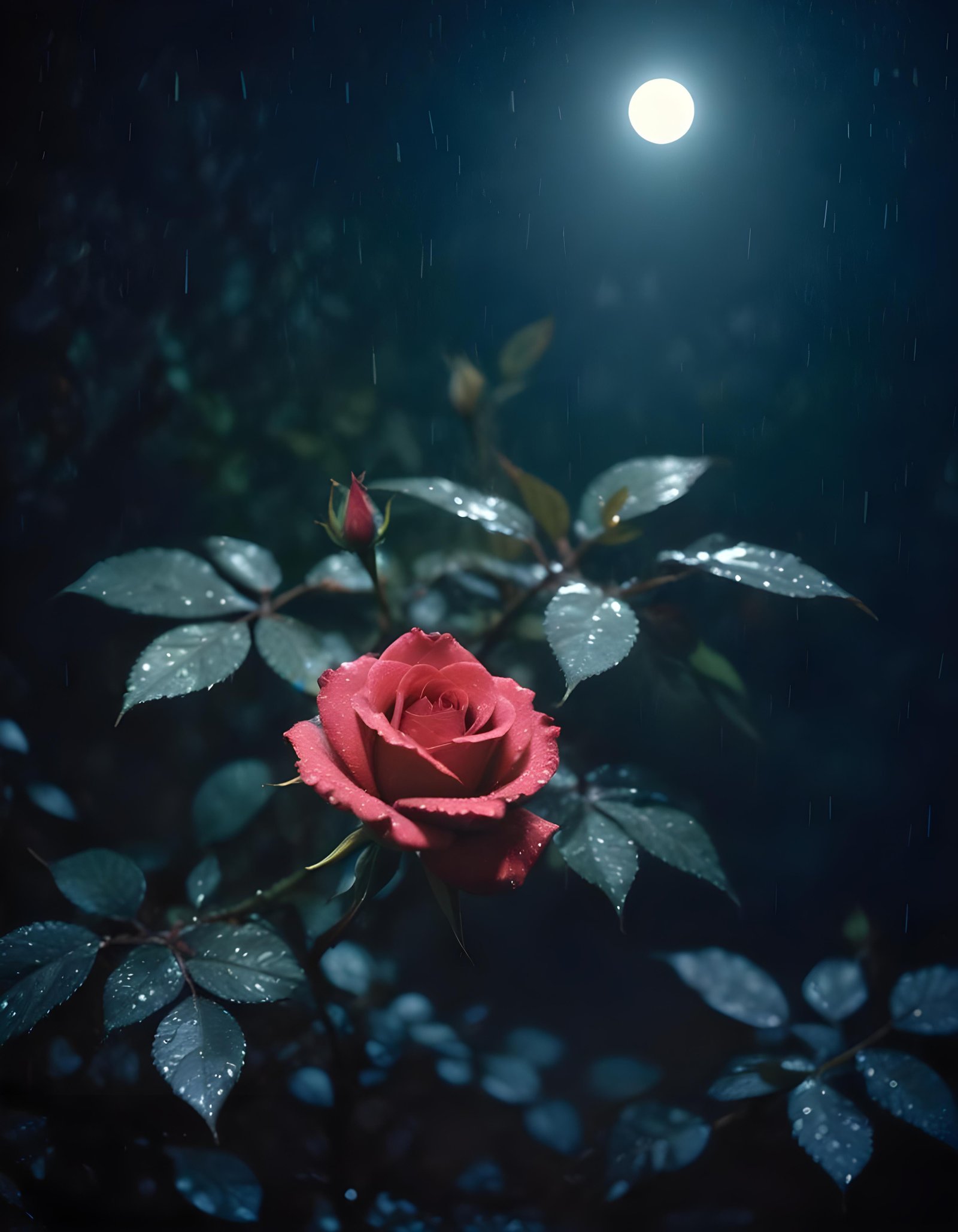 Romantic Rose Flower Under Moonlight with Dreamy Night Garden Background