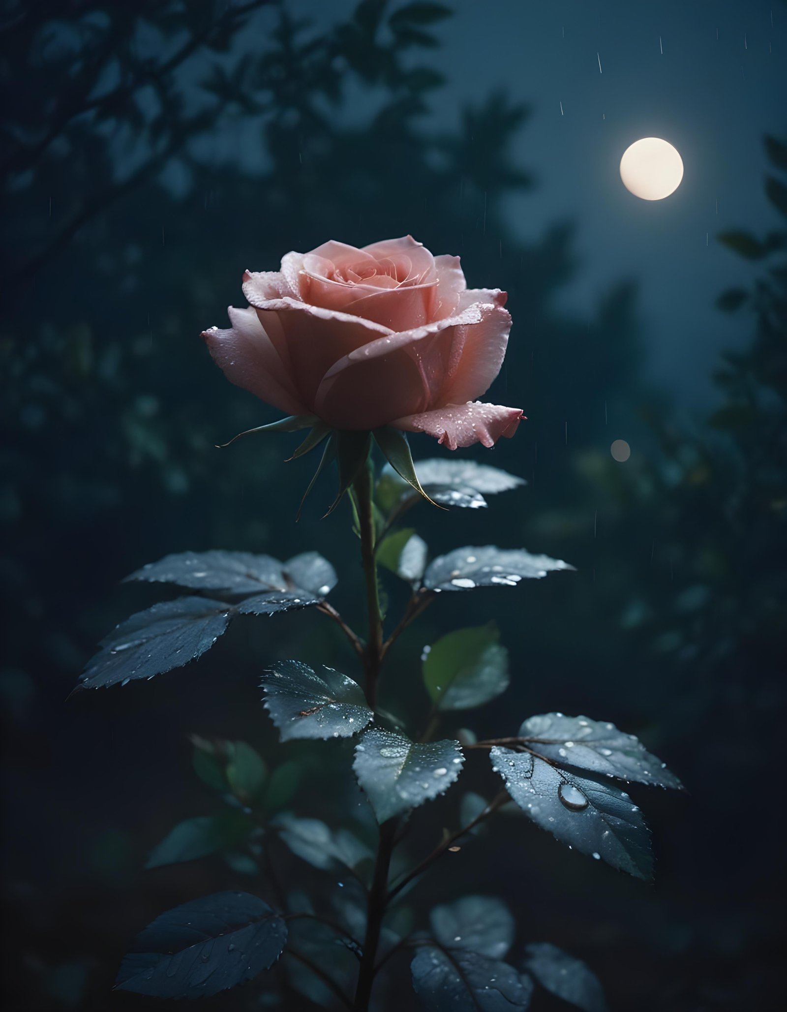 Romantic Rose Flower Under Moonlight with Dreamy Night Garden Background