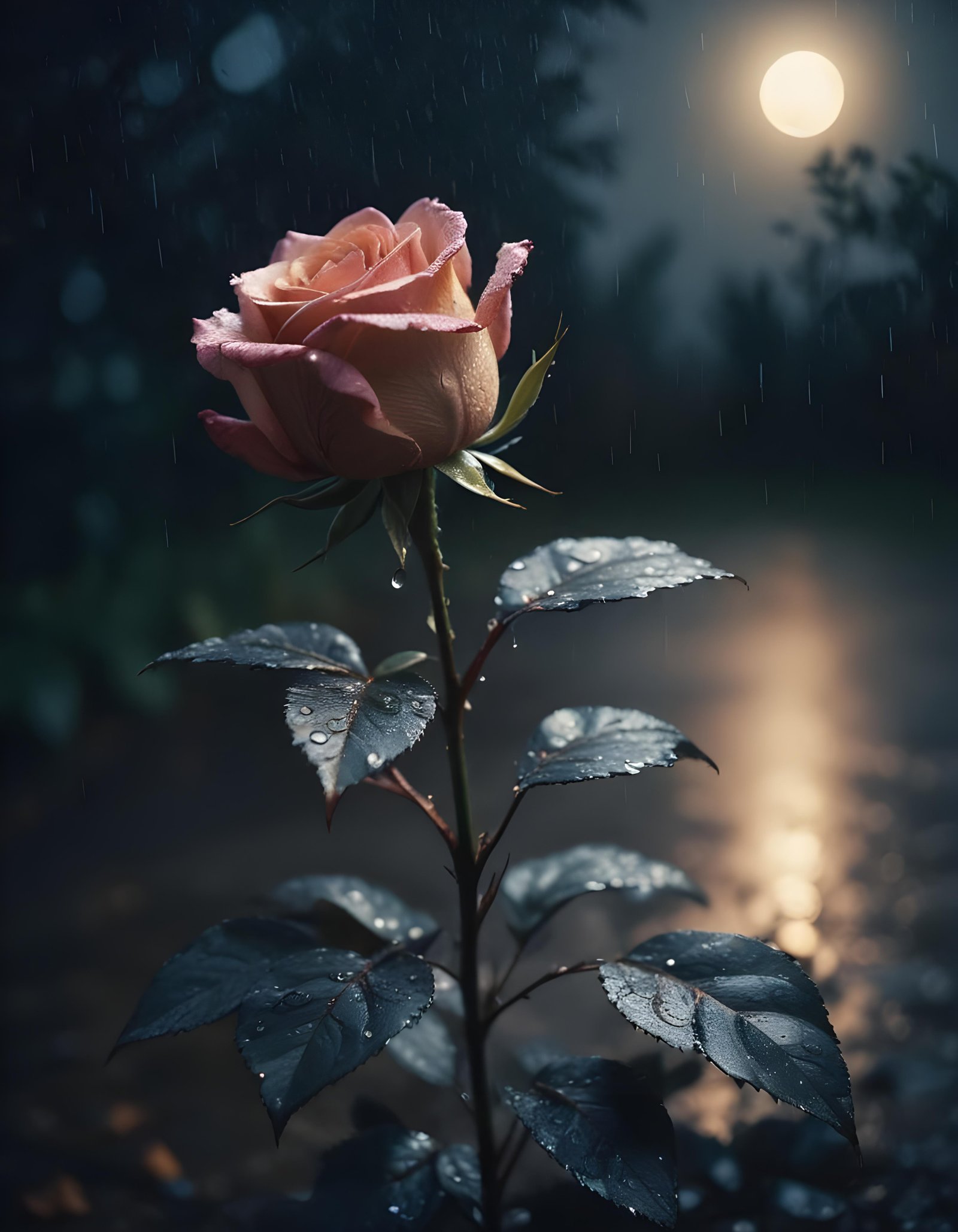 Romantic Rose Flower Under Moonlight with Dreamy Night Garden Background